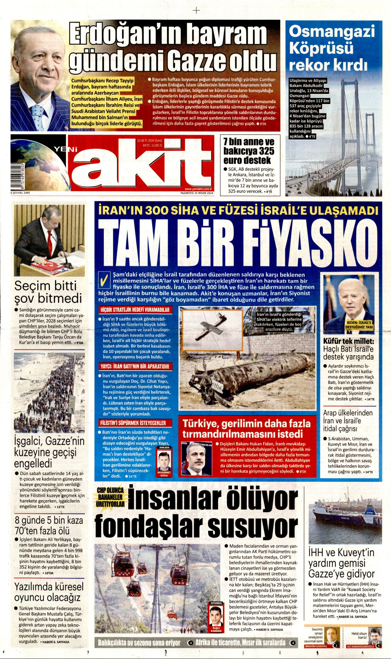 YENİ AKİT gazetesinin 15 Nisan 2024 tarihli birinci sayfası