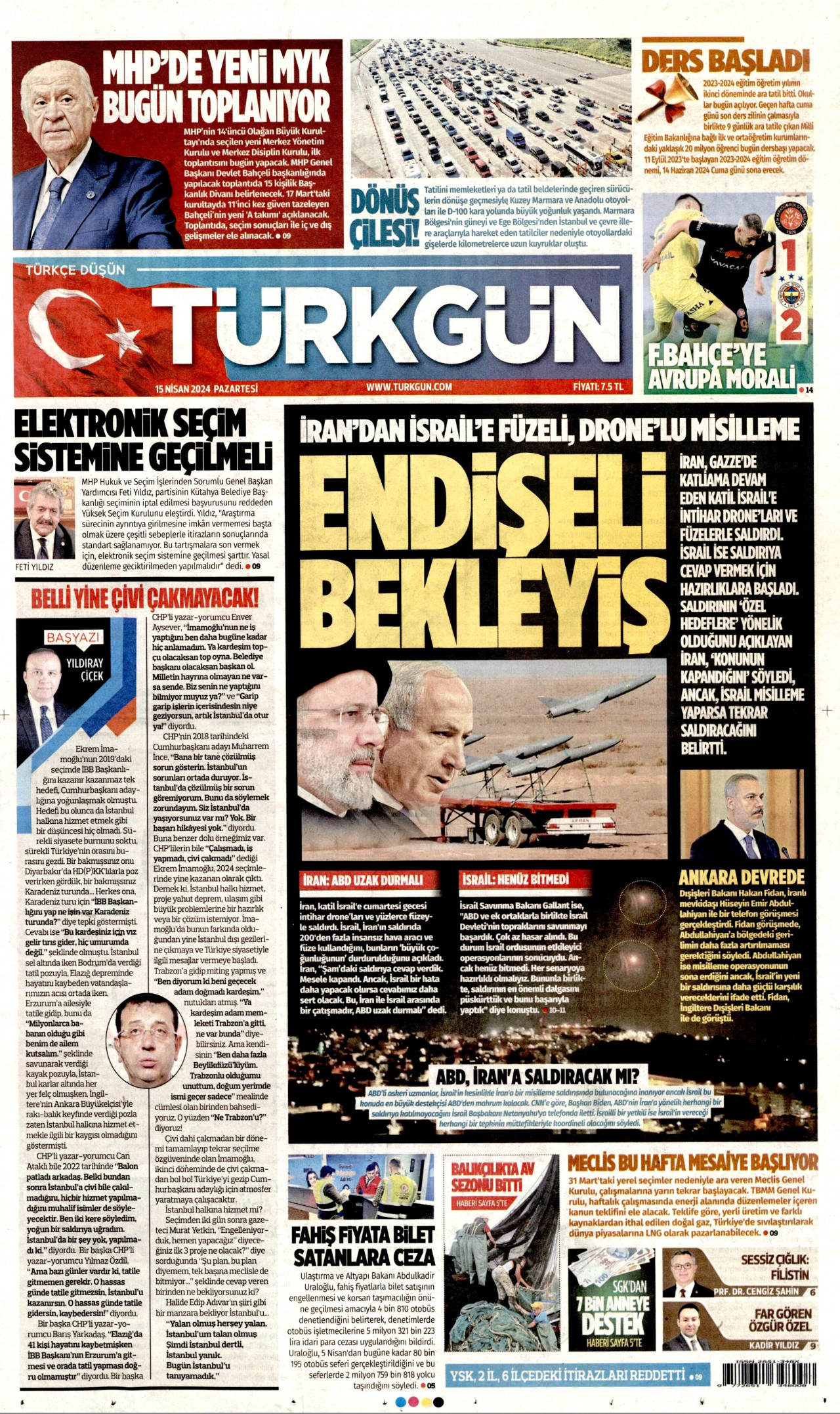 TÜRKGÜN gazetesinin 15 Nisan 2024 tarihli birinci sayfası