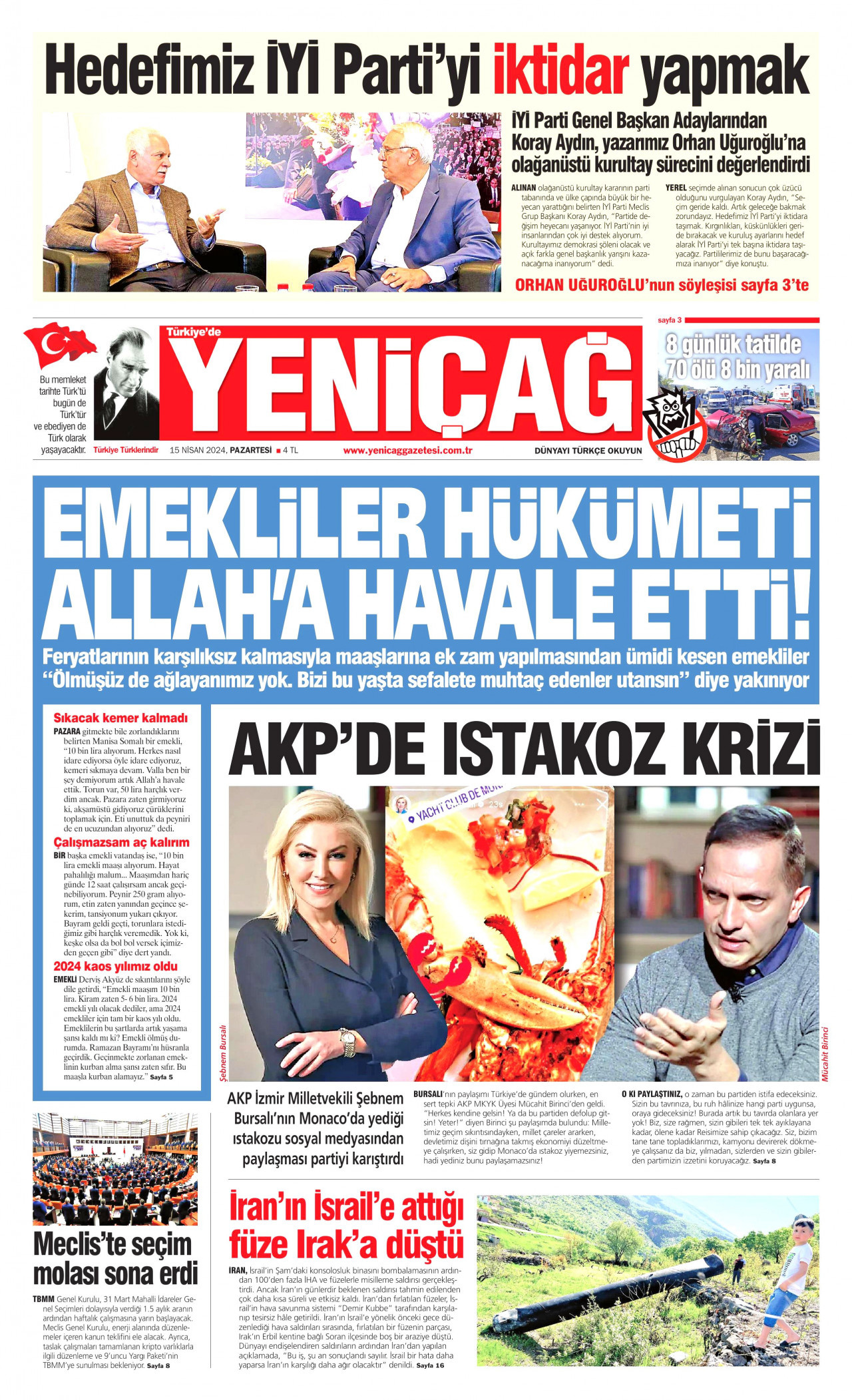 YENİÇAĞ gazetesinin 15 Nisan 2024 tarihli birinci sayfası