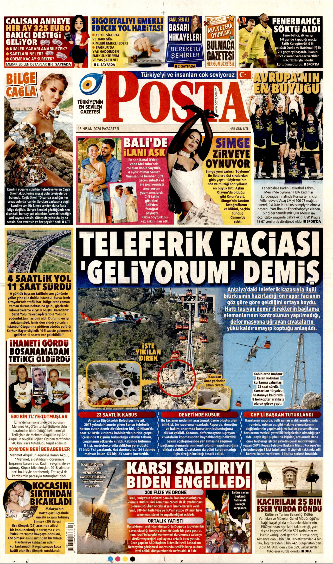 POSTA gazetesinin 15 Nisan 2024 tarihli birinci sayfası