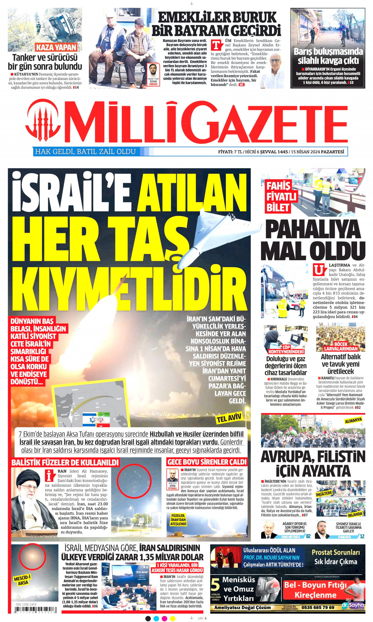 MİLLİ GAZETE gazetesinin 15 Nisan 2024 tarihli birinci sayfası