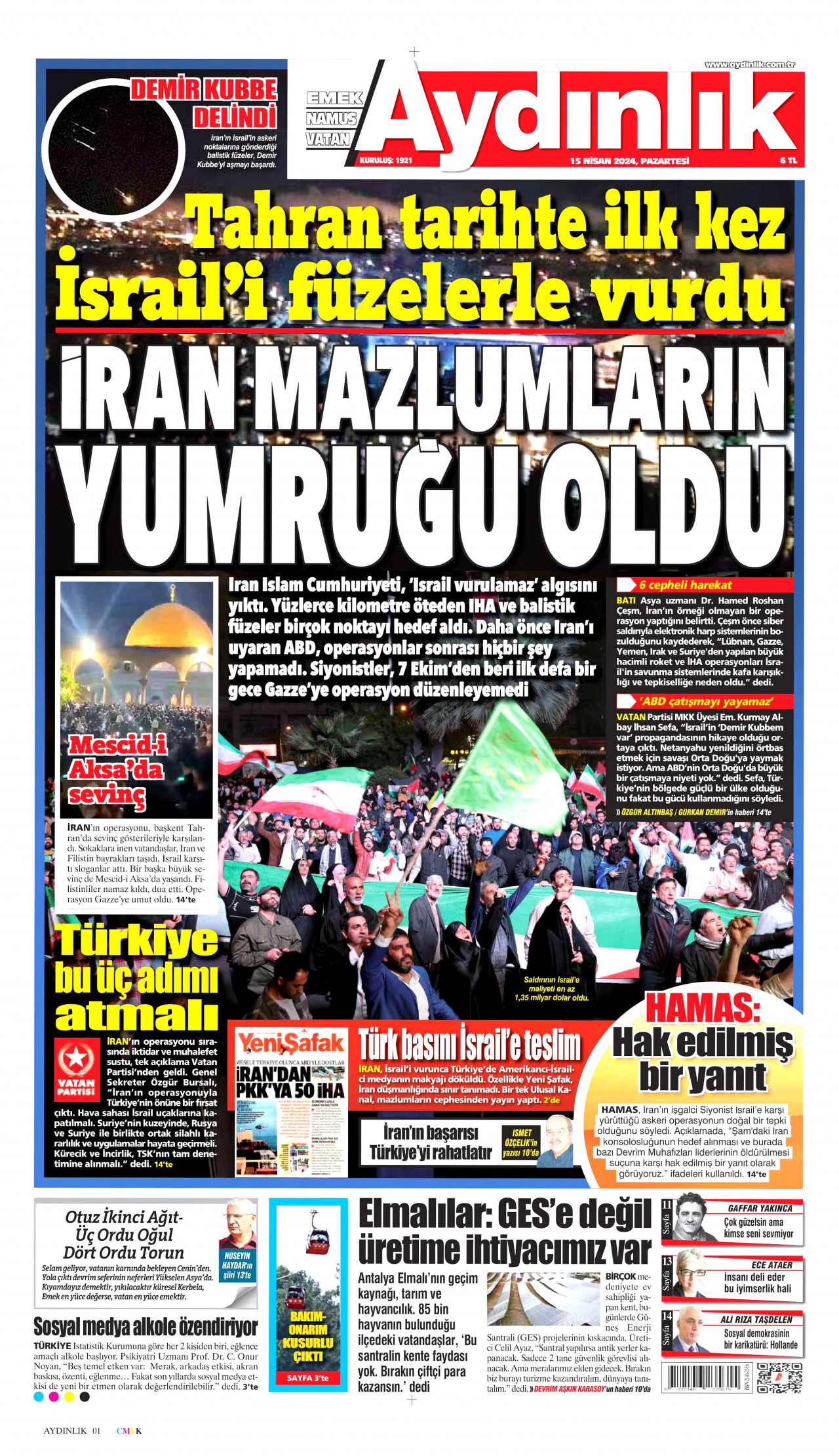 AYDINLIK GAZETESİ gazetesinin 15 Nisan 2024 tarihli birinci sayfası