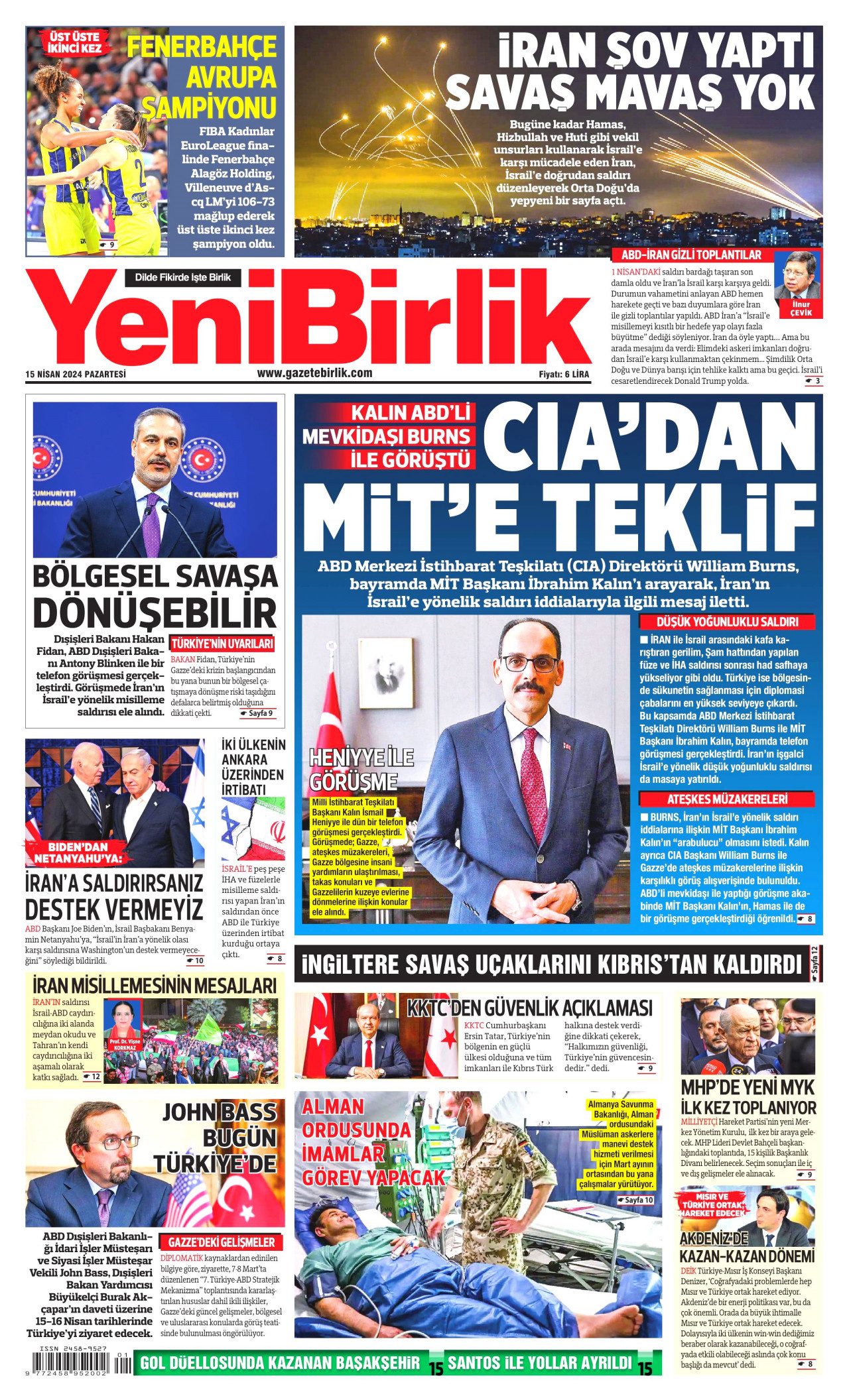 YENİBİRLİK gazetesinin 15 Nisan 2024 tarihli birinci sayfası