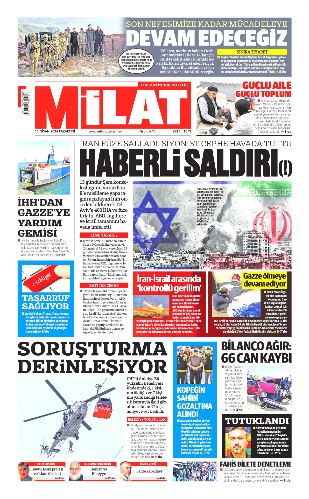 MİLAT gazetesinin 15 Nisan 2024 tarihli birinci sayfası