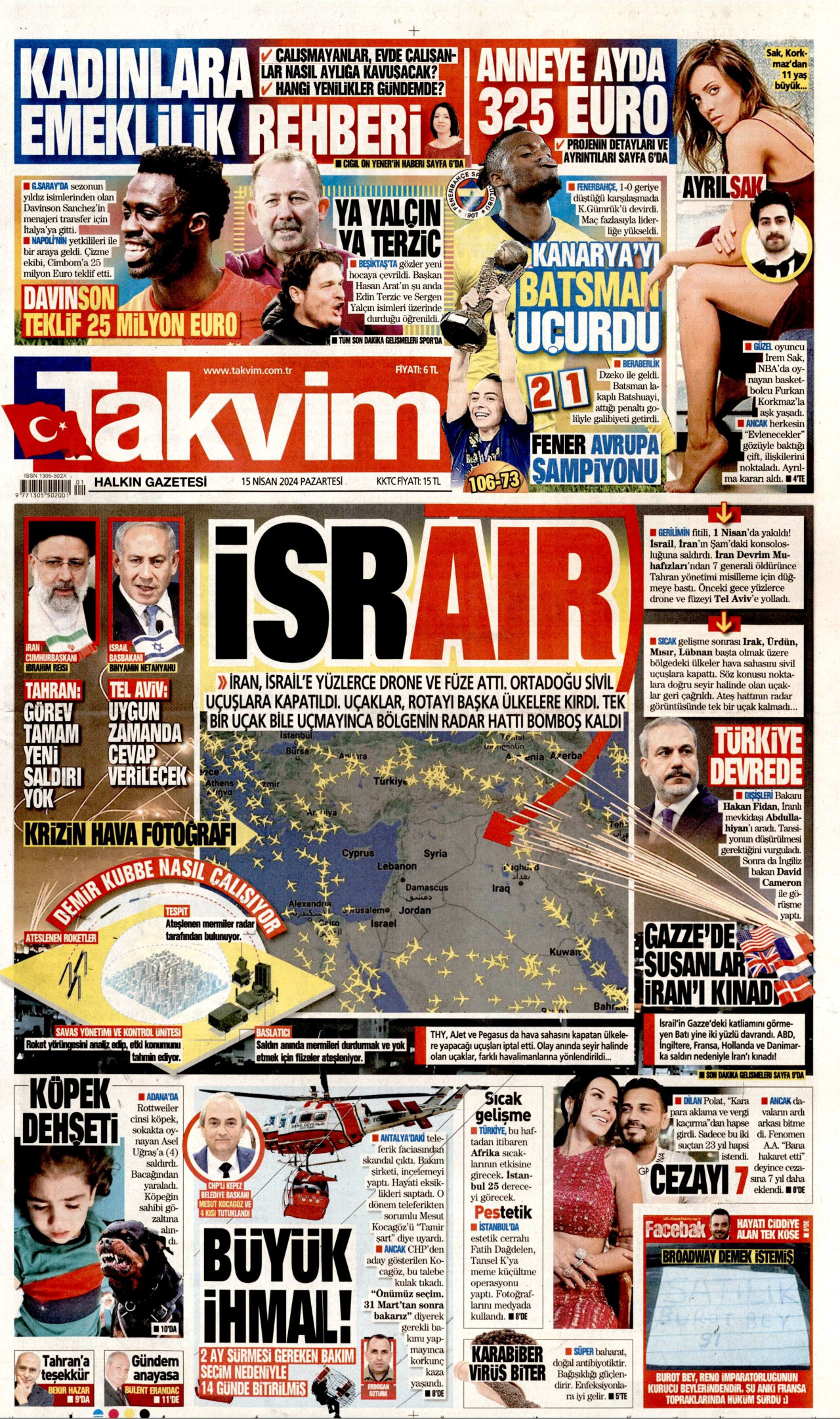 TAKVİM gazetesinin 15 Nisan 2024 tarihli birinci sayfası