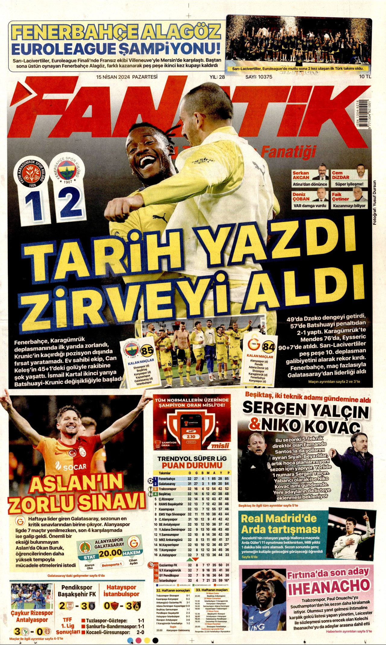 FANATİK gazetesinin 15 Nisan 2024 tarihli birinci sayfası