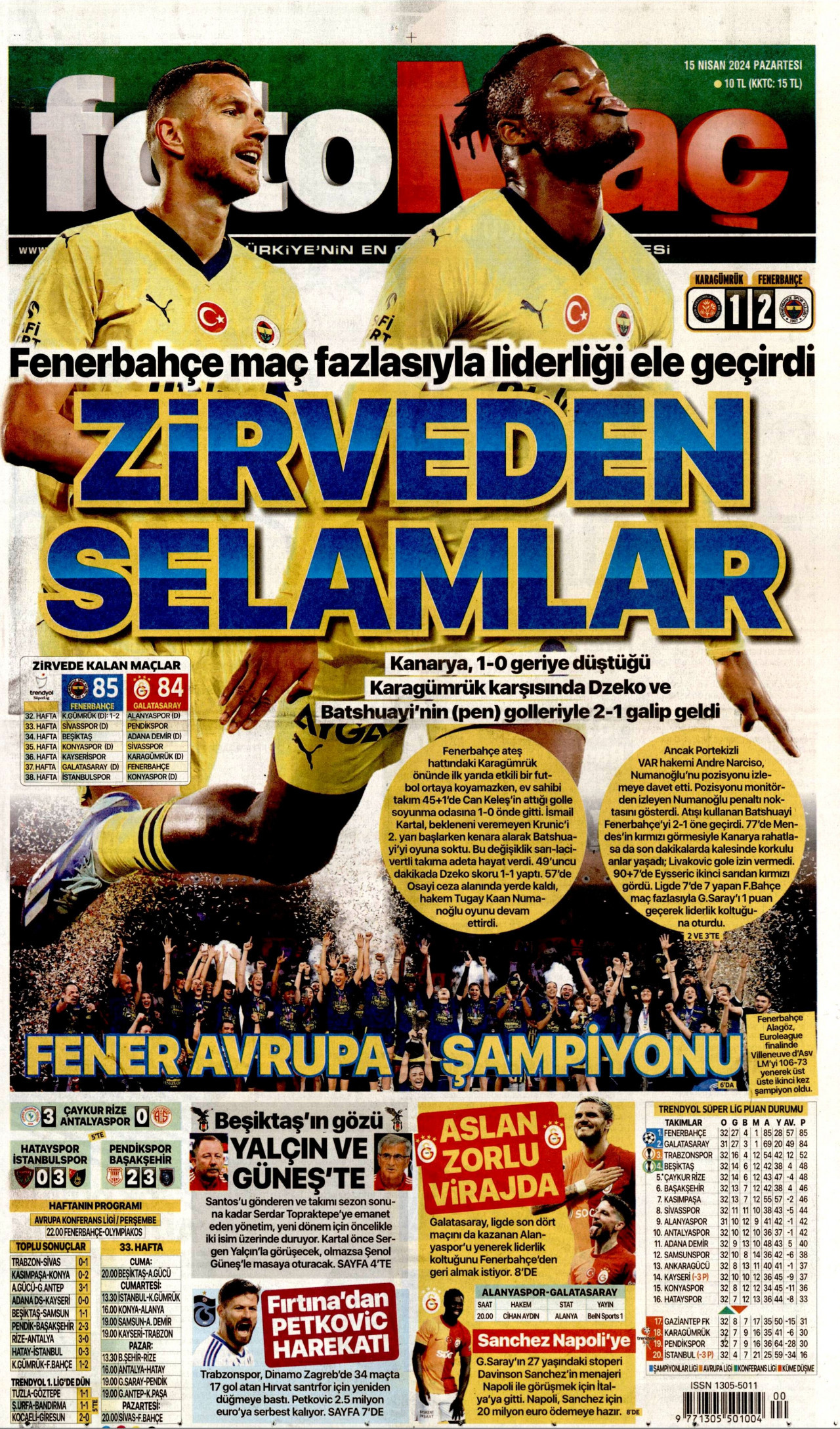 FOTOMAÇ gazetesinin 15 Nisan 2024 tarihli birinci sayfası