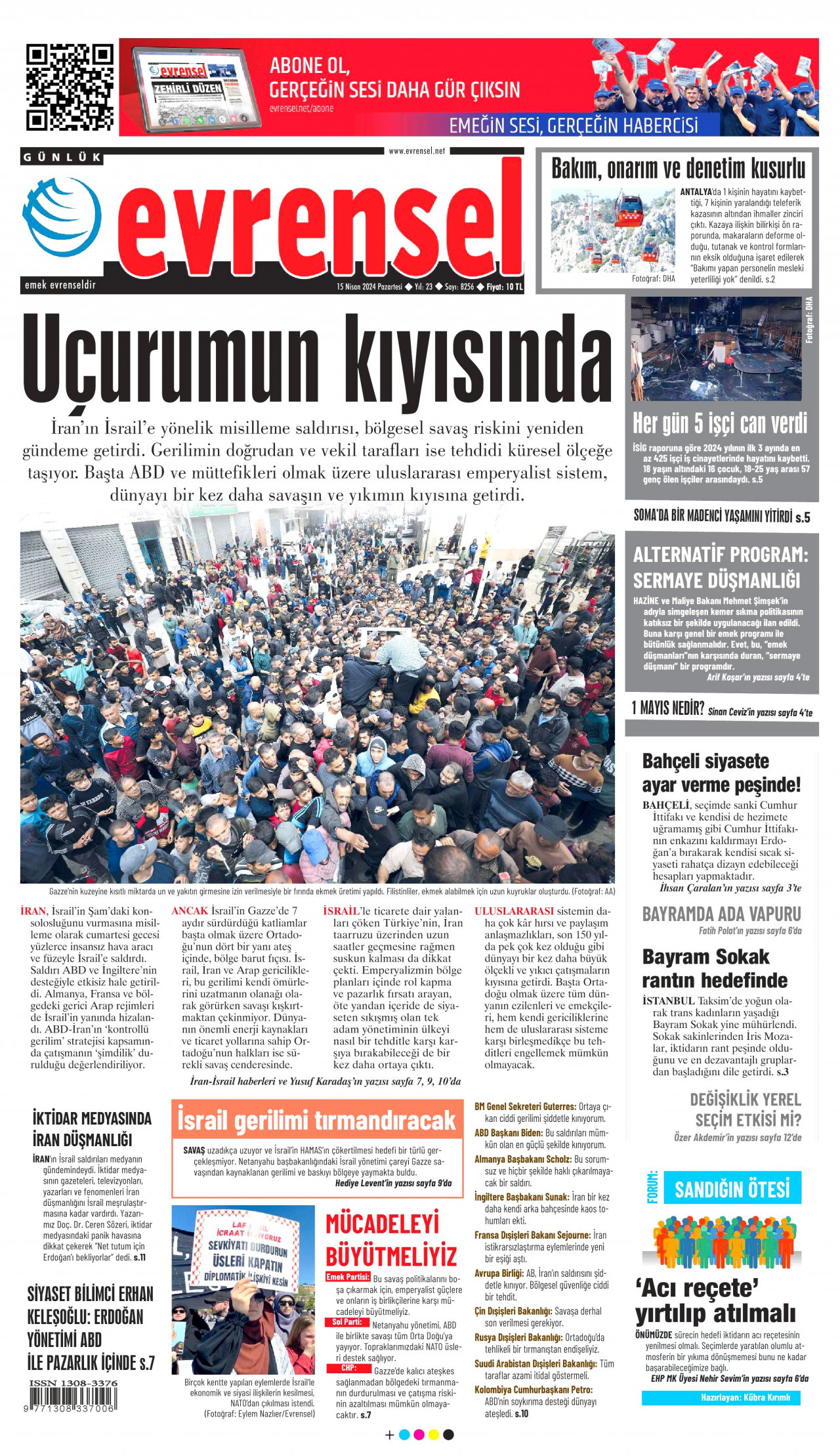 EVRENSEL gazetesinin 15 Nisan 2024 tarihli birinci sayfası