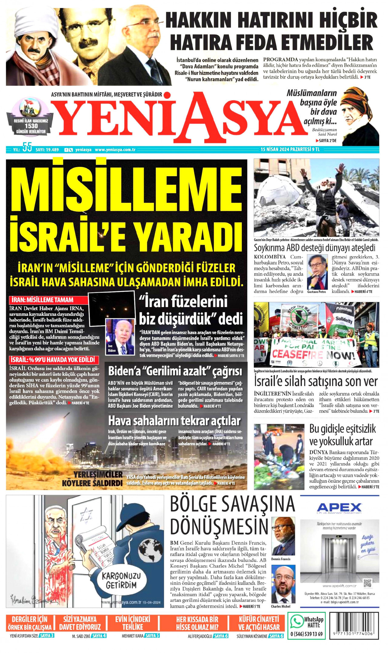YENİ ASYA gazetesinin 15 Nisan 2024 tarihli birinci sayfası