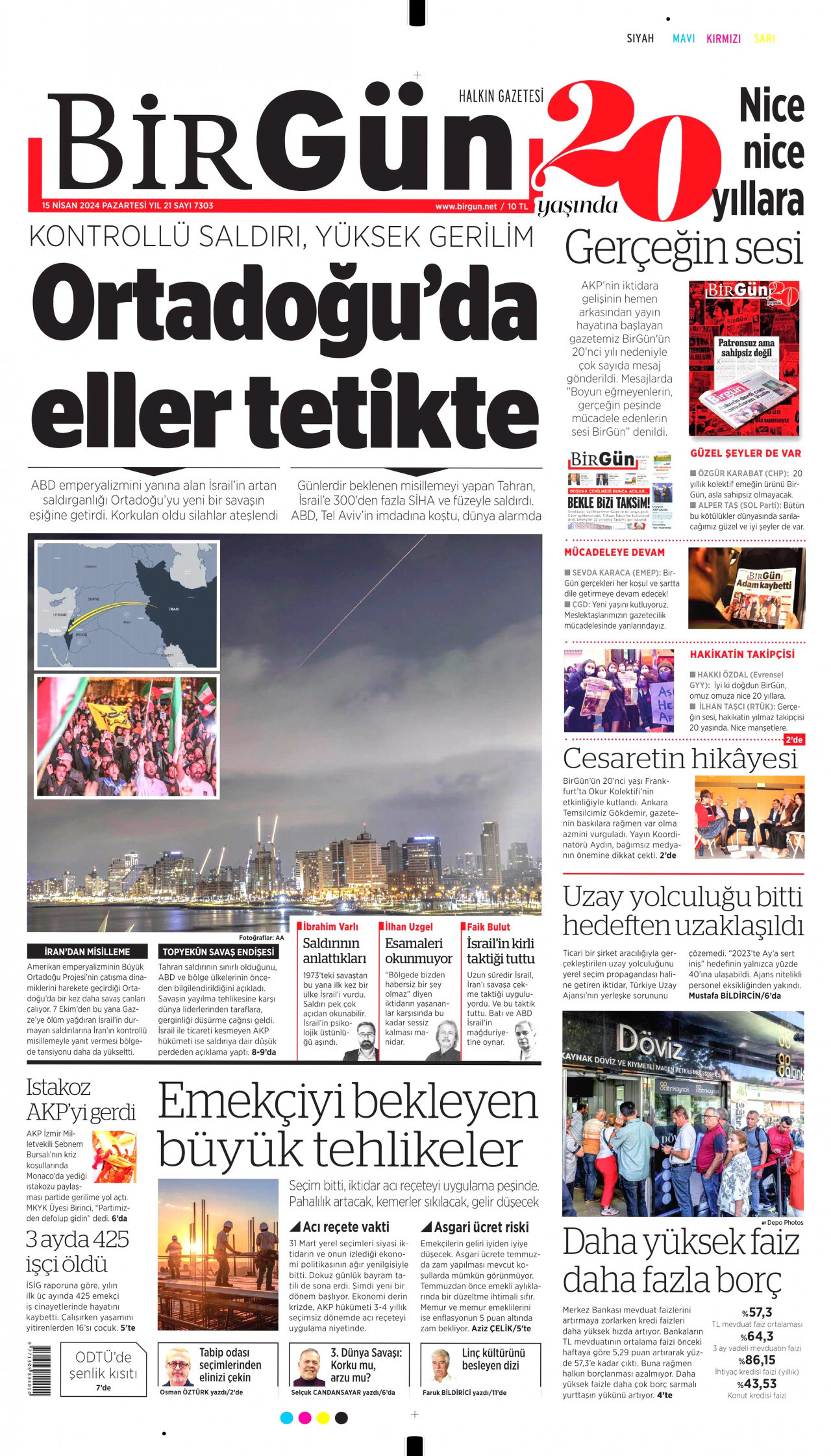 BİRGÜN gazetesinin 15 Nisan 2024 tarihli birinci sayfası