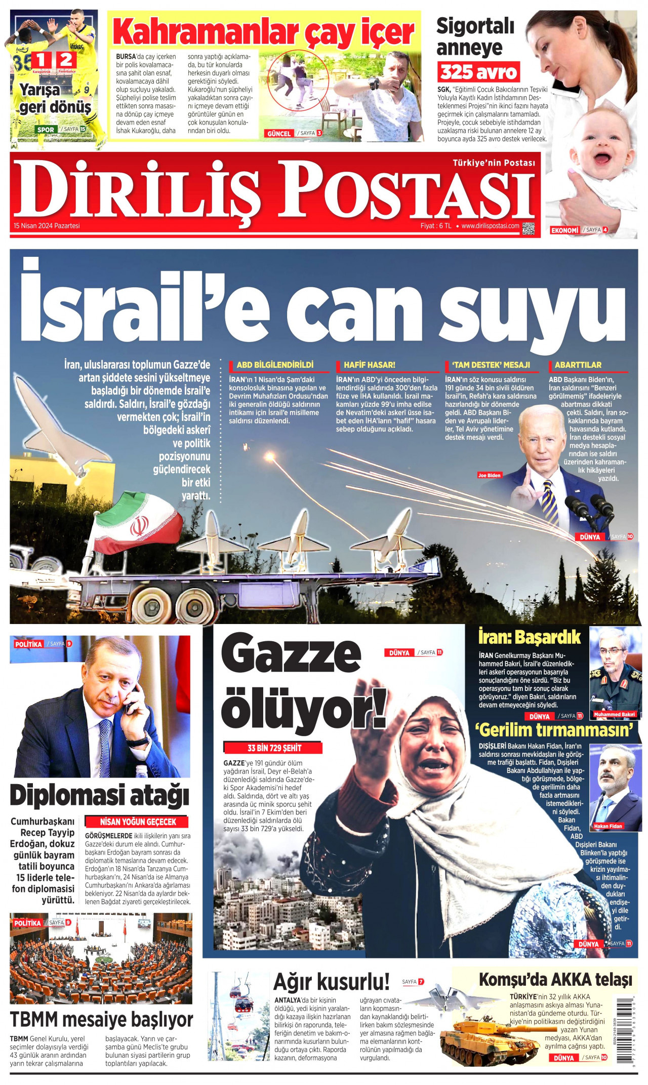 DİRİLİŞ POSTASI gazetesinin 15 Nisan 2024 tarihli birinci sayfası