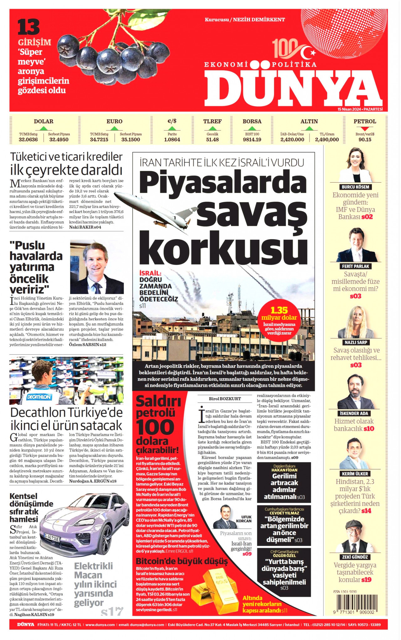 DÜNYA gazetesinin 15 Nisan 2024 tarihli birinci sayfası