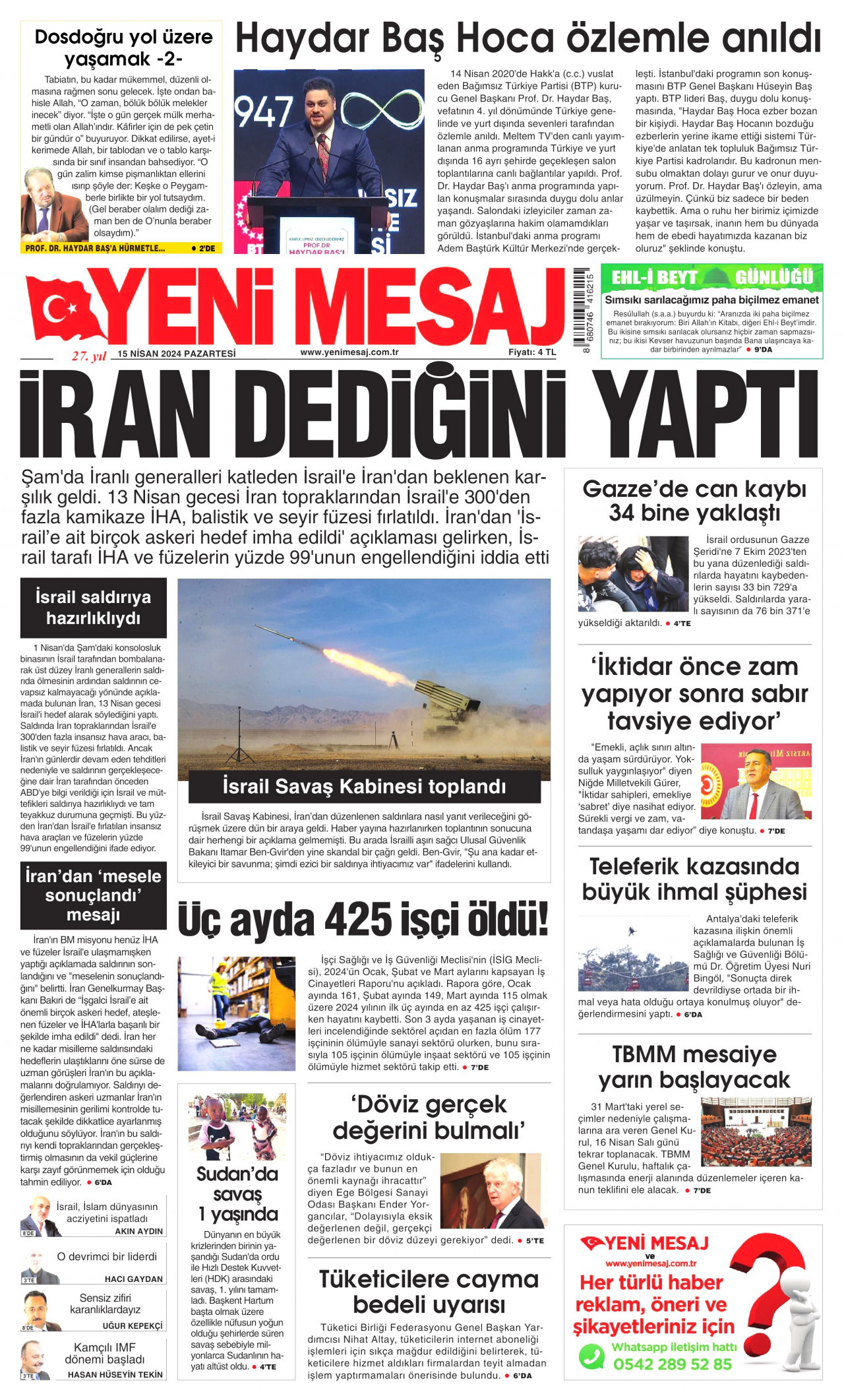 YENİ MESAJ gazetesinin 15 Nisan 2024 tarihli birinci sayfası