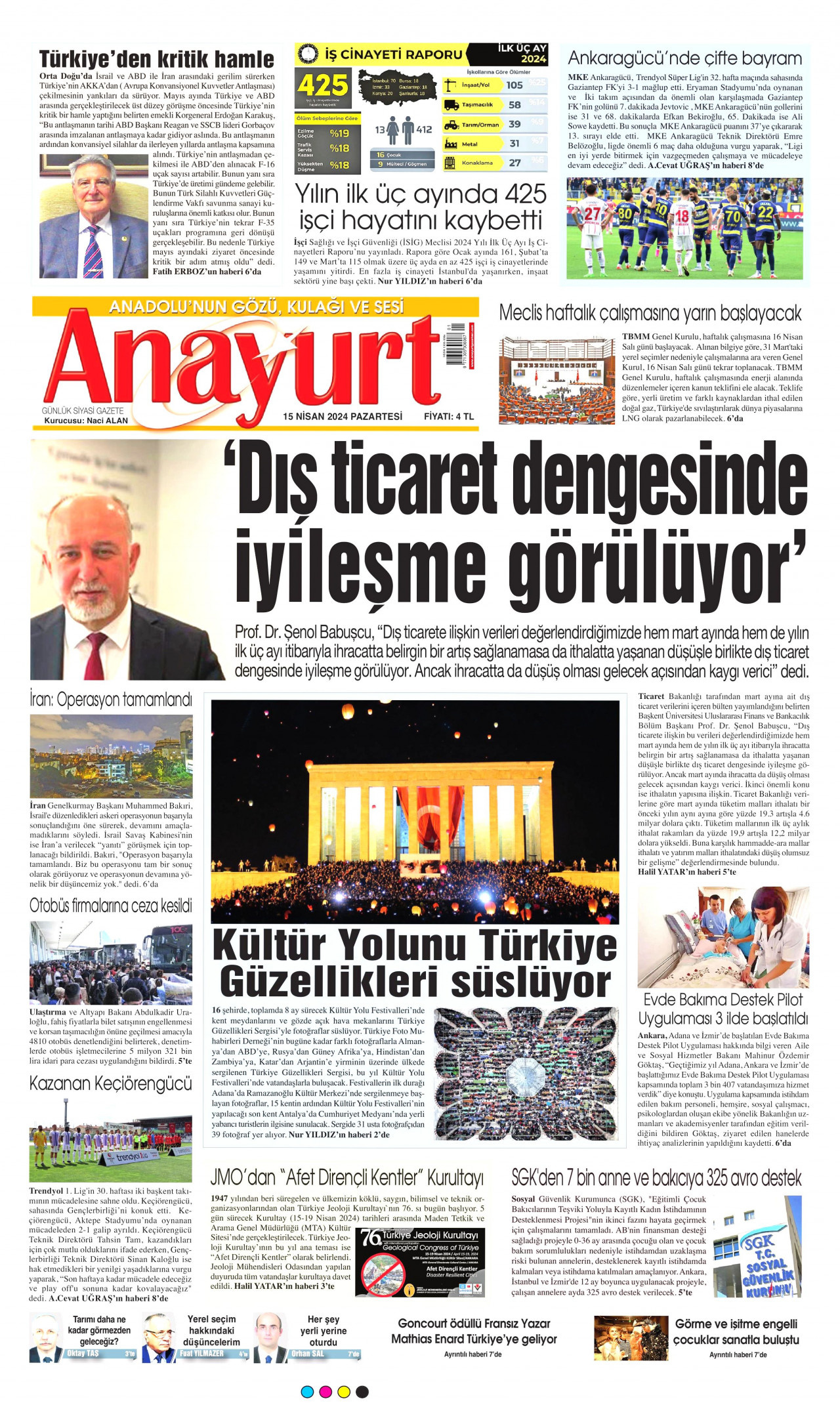 ANAYURT gazetesinin 15 Nisan 2024 tarihli birinci sayfası