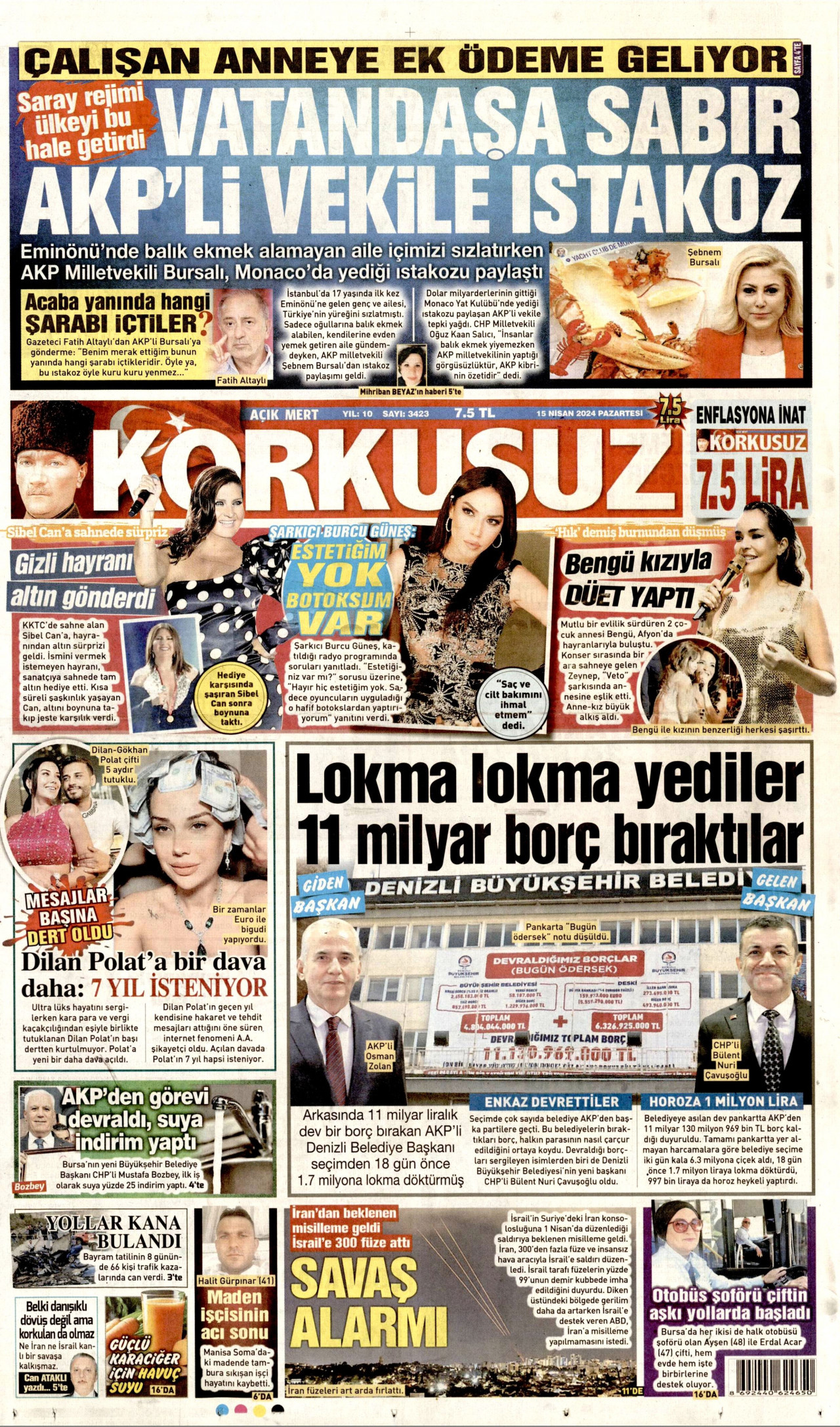 KORKUSUZ gazetesinin 15 Nisan 2024 tarihli birinci sayfası