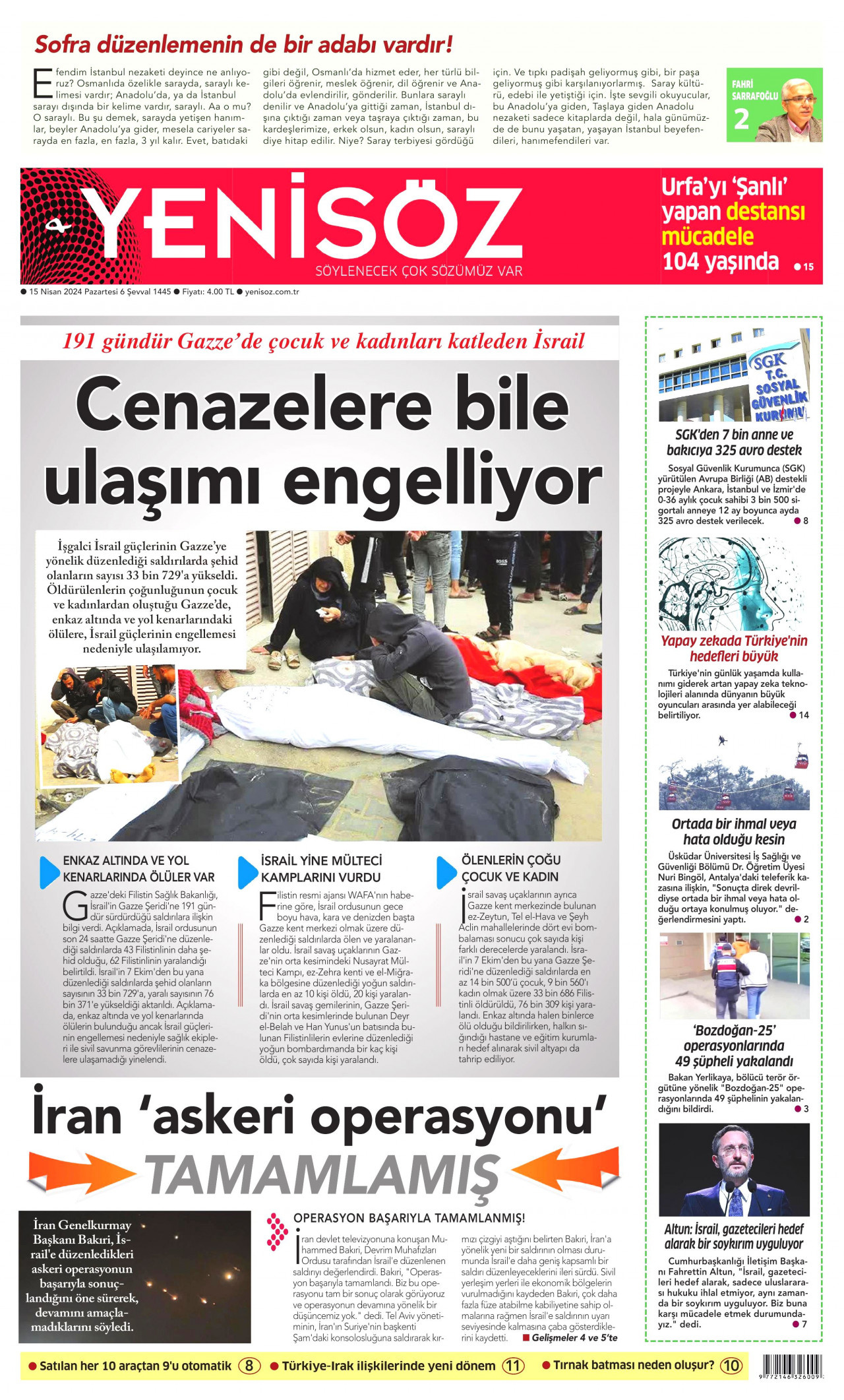 YENİ SÖZ GAZETESİ gazetesinin 15 Nisan 2024 tarihli birinci sayfası