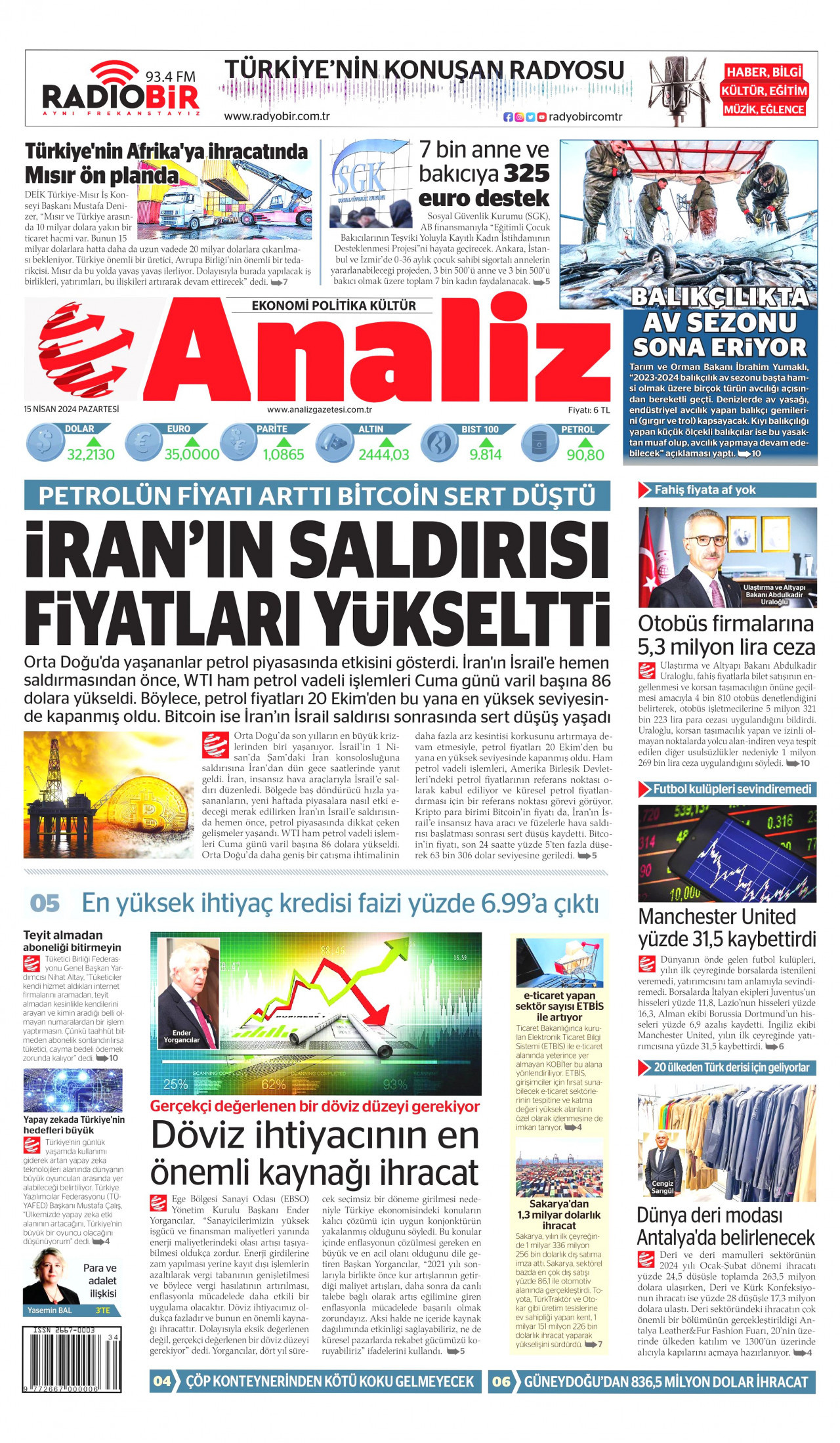ANALİZ gazetesinin 15 Nisan 2024 tarihli birinci sayfası