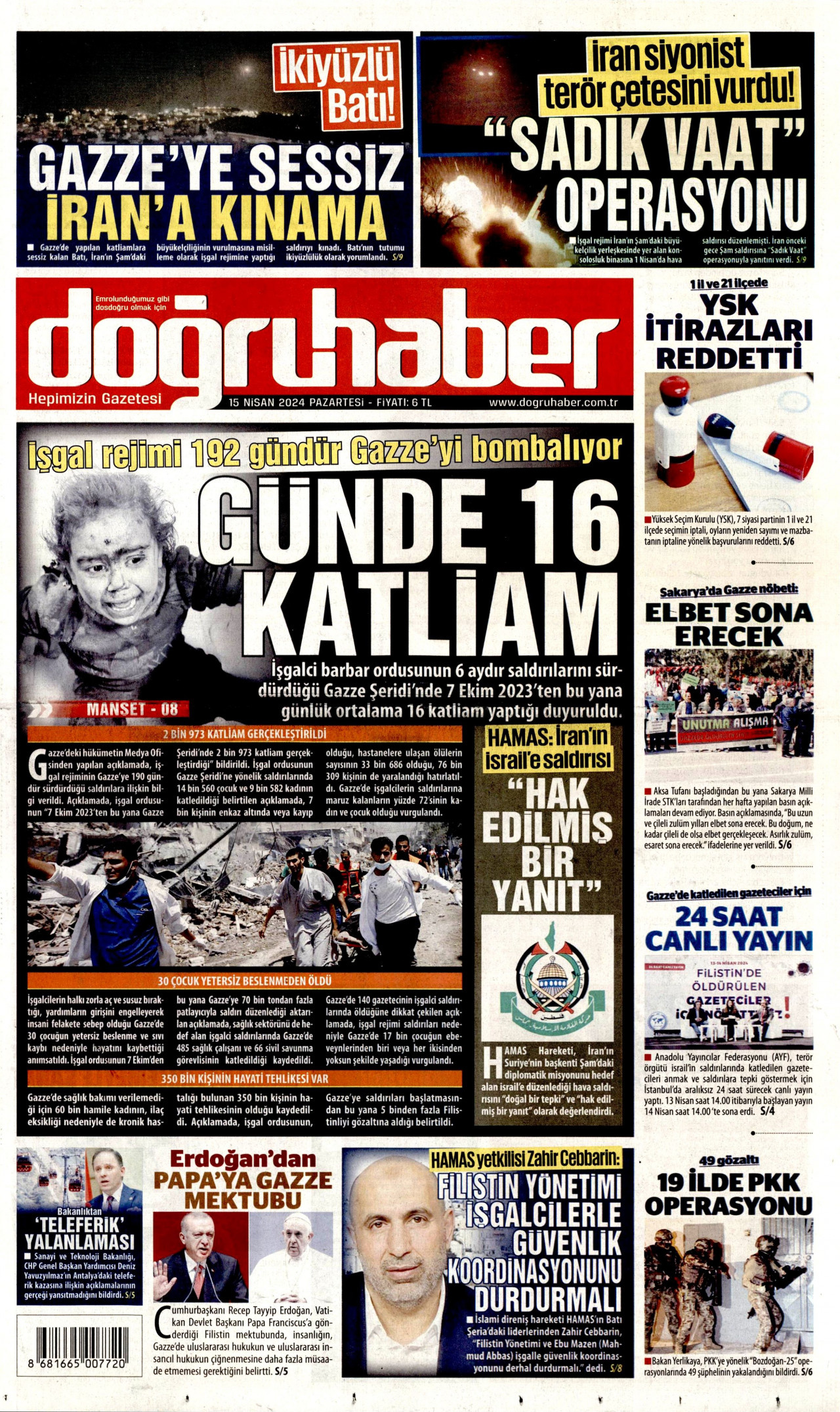 DOĞRU HABER gazetesinin 15 Nisan 2024 tarihli birinci sayfası