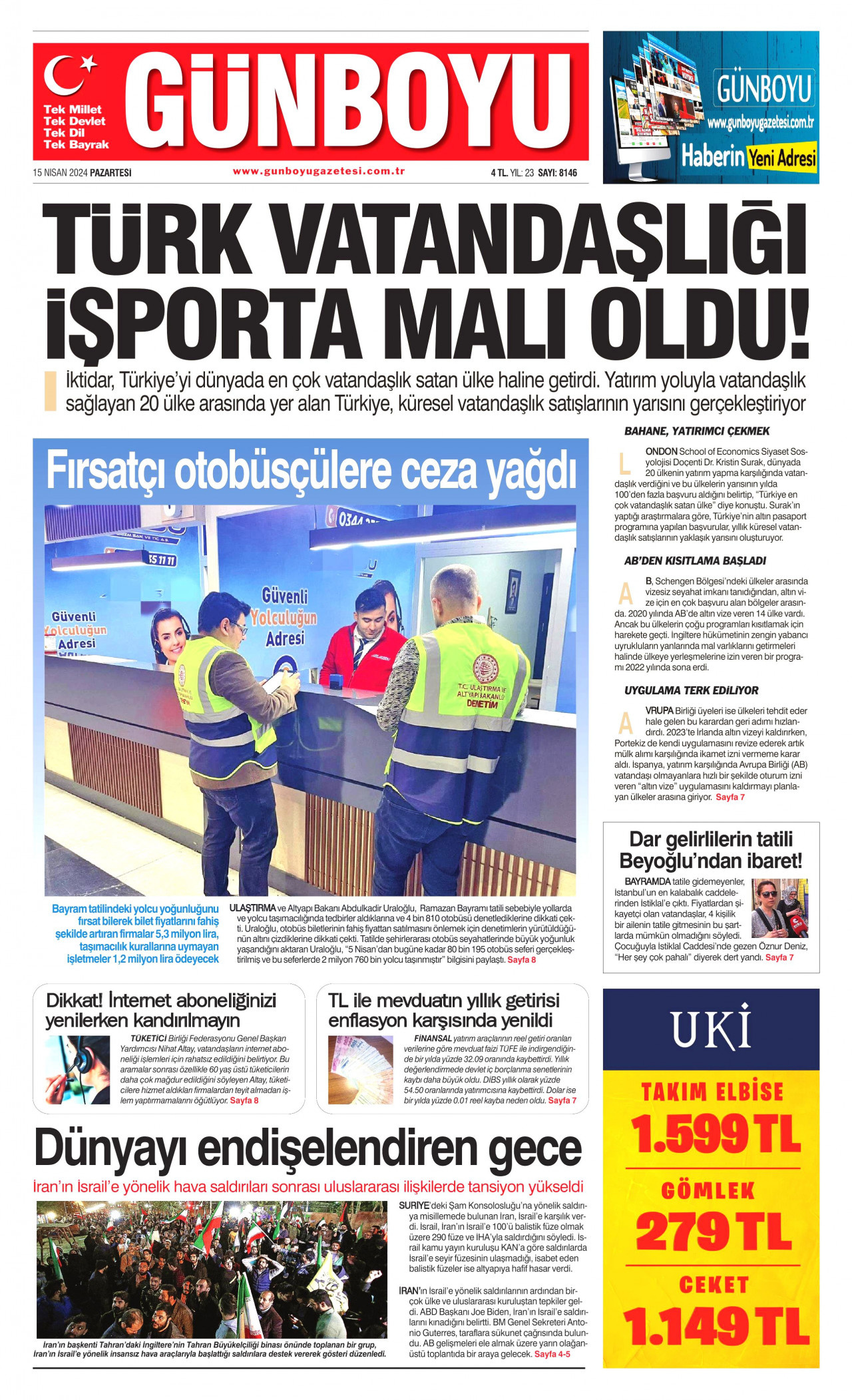GÜNBOYU gazetesinin 15 Nisan 2024 tarihli birinci sayfası