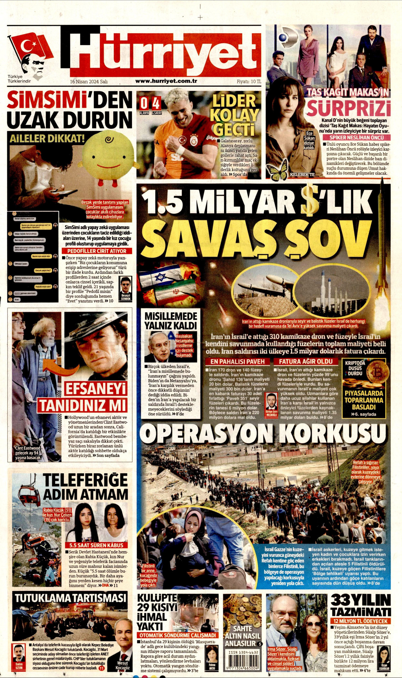 HÜRRİYET gazetesinin 16 Nisan 2024 tarihli birinci sayfası