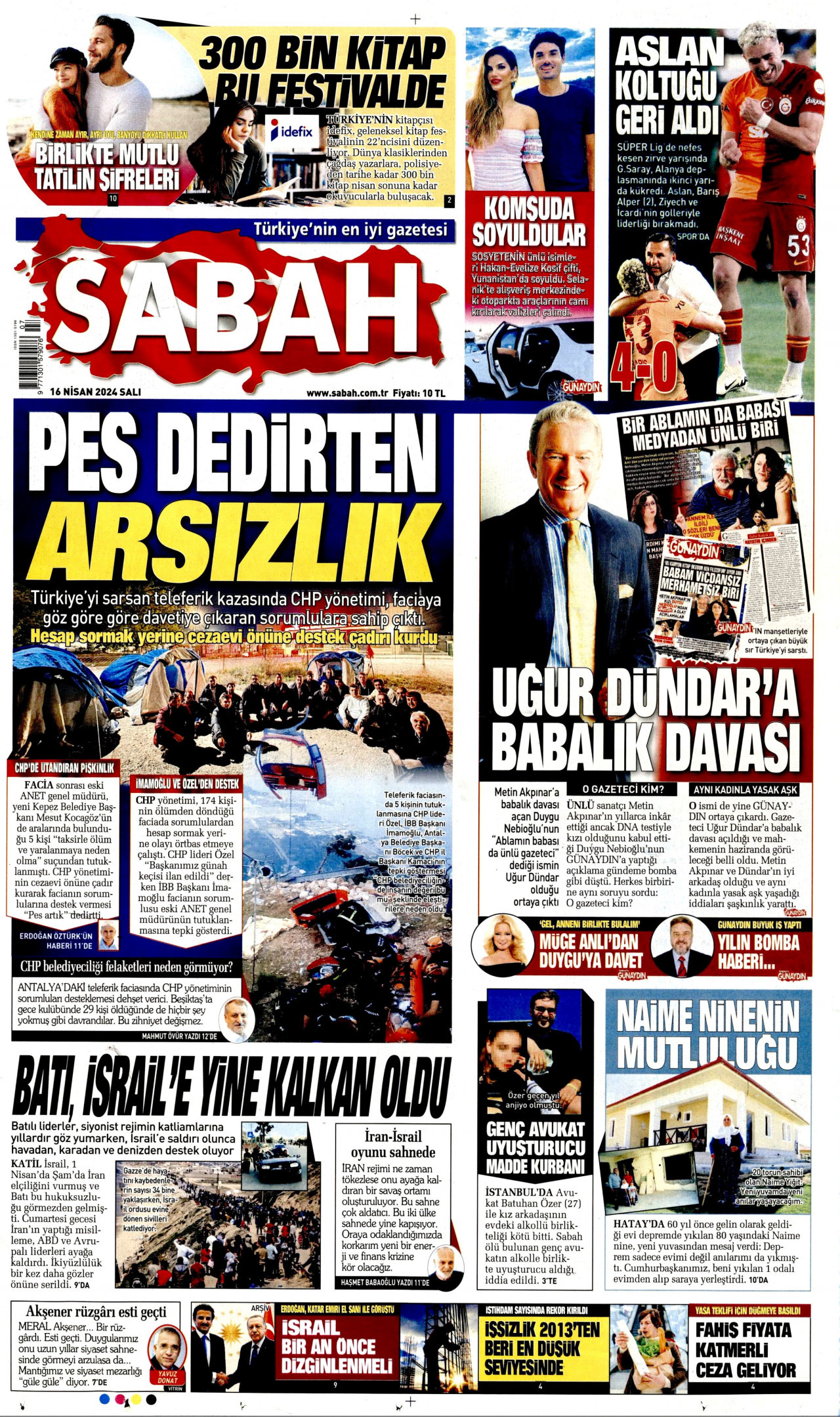 SABAH gazetesinin 16 Nisan 2024 tarihli birinci sayfası