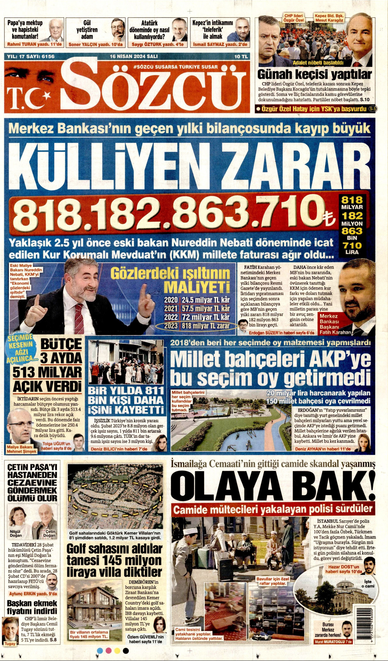SÖZCÜ gazetesinin 16 Nisan 2024 tarihli birinci sayfası