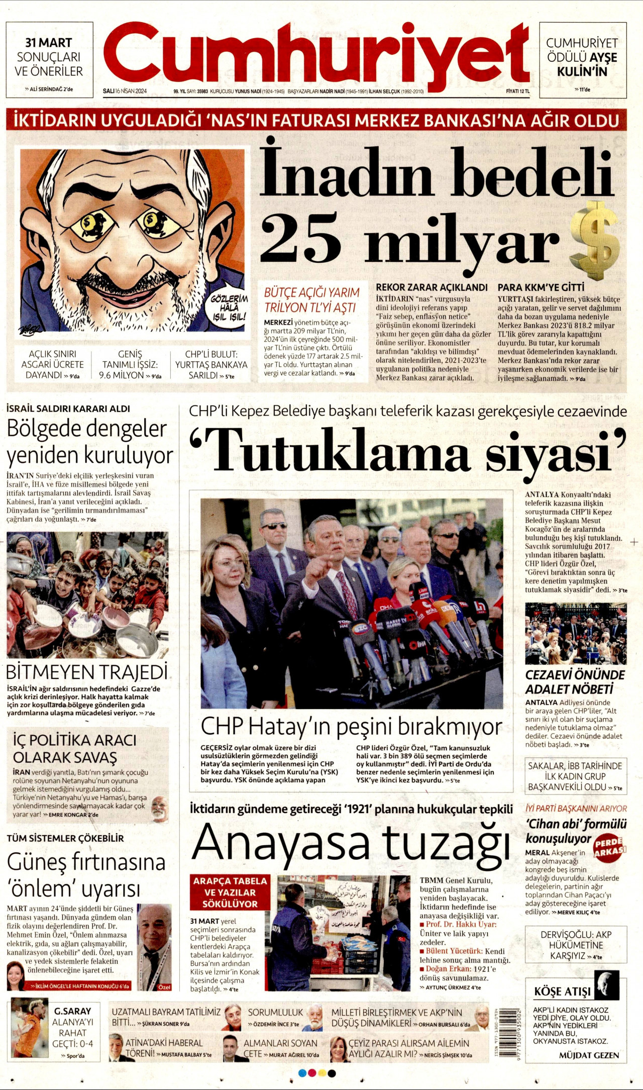CUMHURİYET gazetesinin 16 Nisan 2024 tarihli birinci sayfası