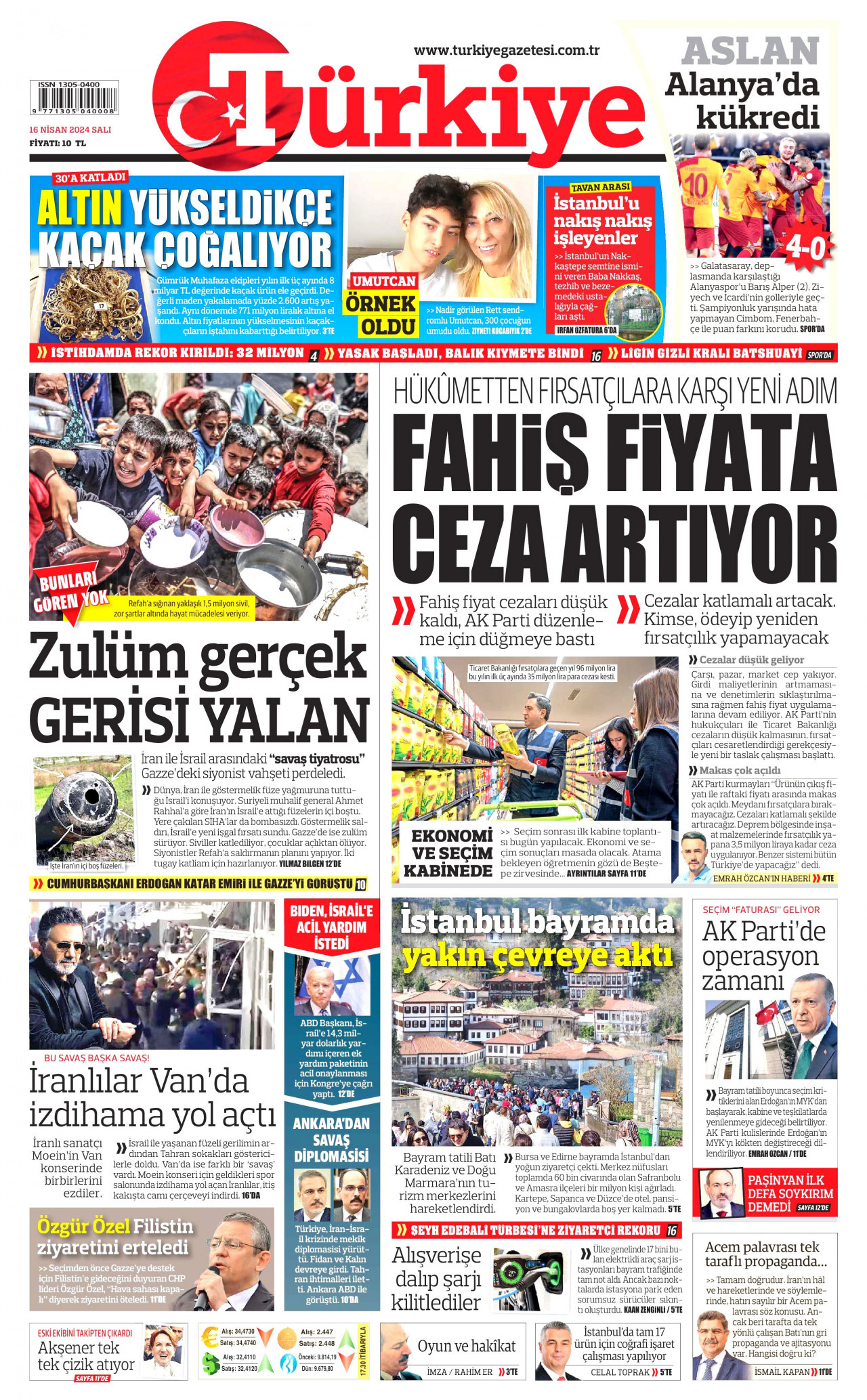 TÜRKİYE GAZETESİ gazetesinin 16 Nisan 2024 tarihli birinci sayfası