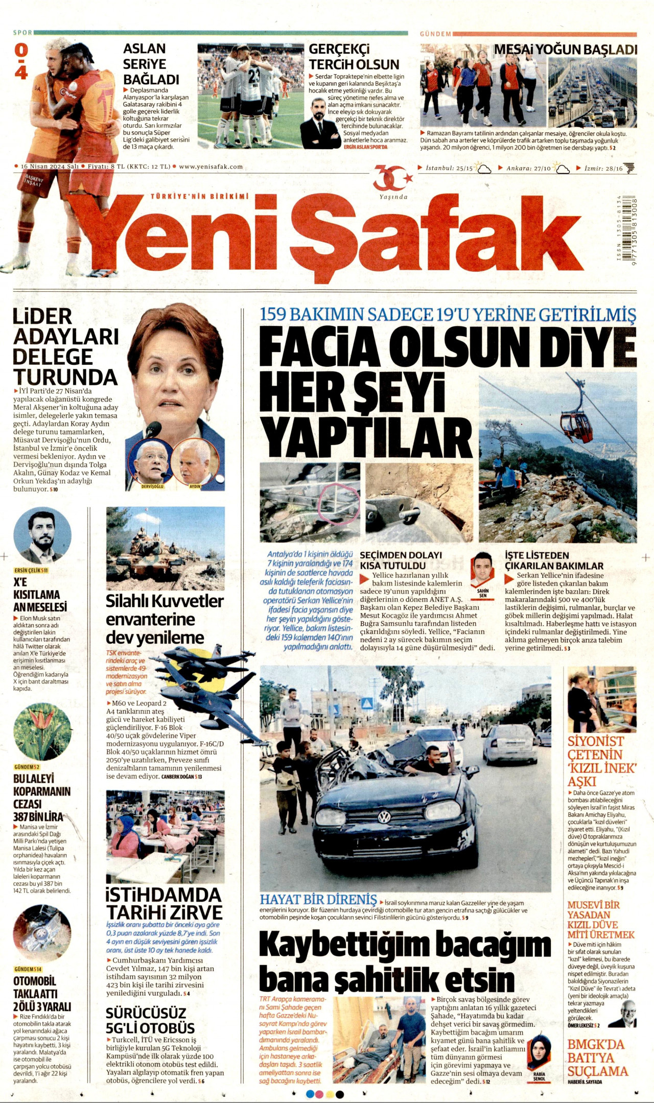 YENİ ŞAFAK gazetesinin 16 Nisan 2024 tarihli birinci sayfası