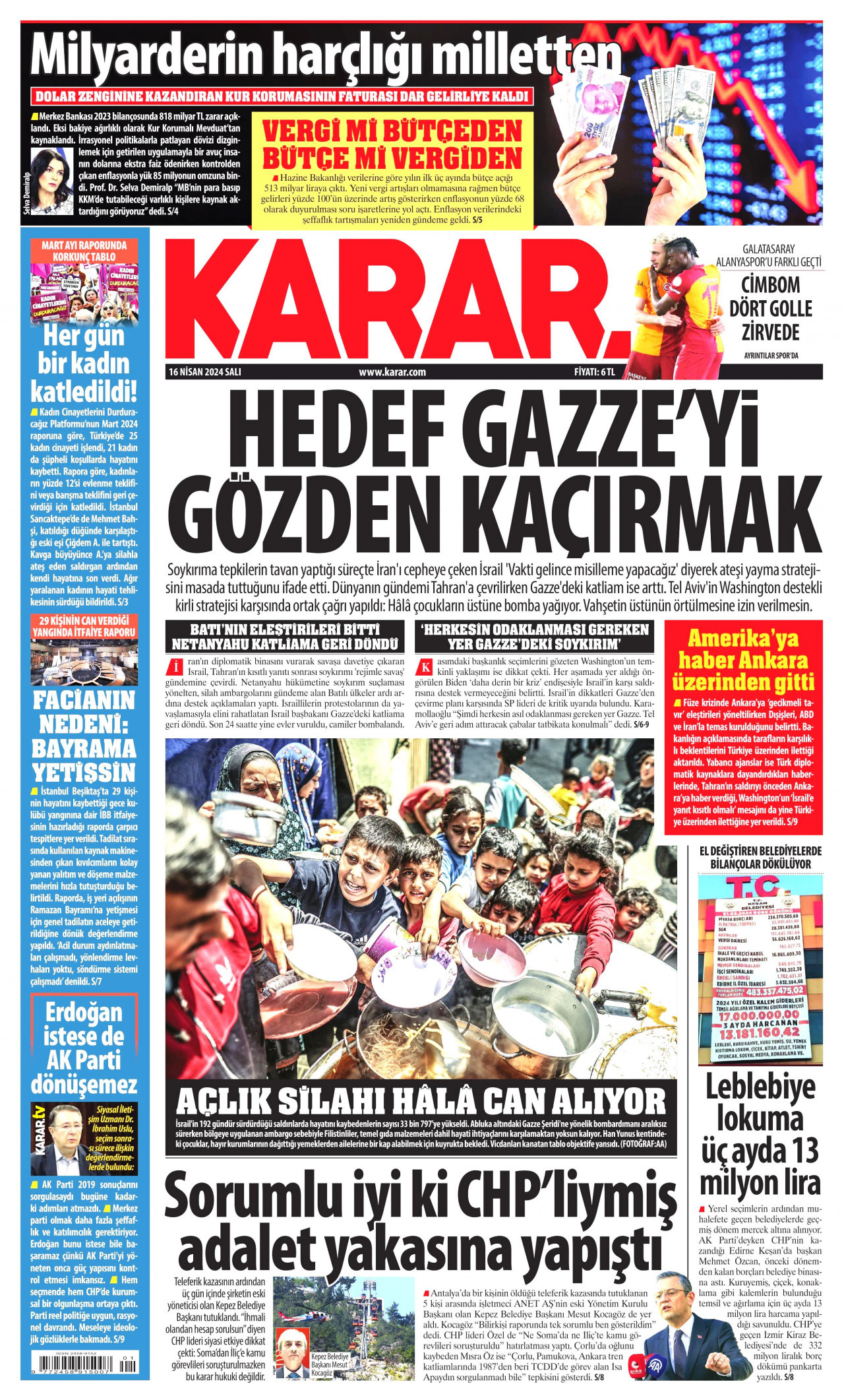 KARAR gazetesinin 16 Nisan 2024 tarihli birinci sayfası