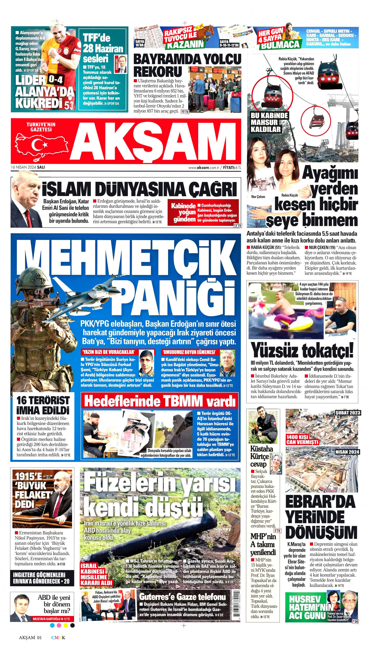 AKŞAM gazetesinin 16 Nisan 2024 tarihli birinci sayfası