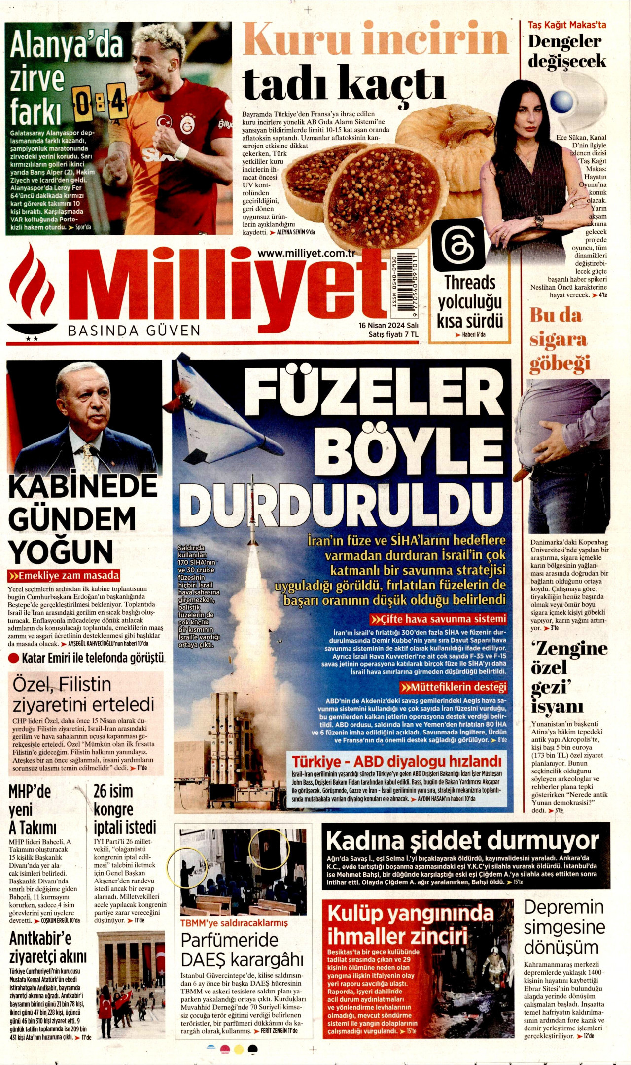 MİLLİYET gazetesinin 16 Nisan 2024 tarihli birinci sayfası
