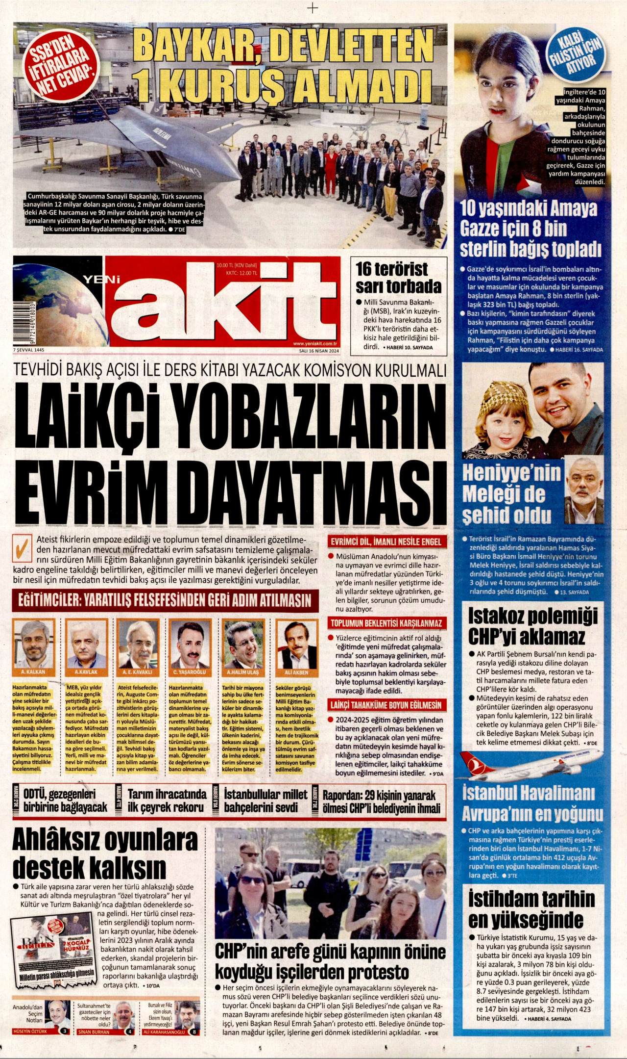 YENİ AKİT gazetesinin 16 Nisan 2024 tarihli birinci sayfası