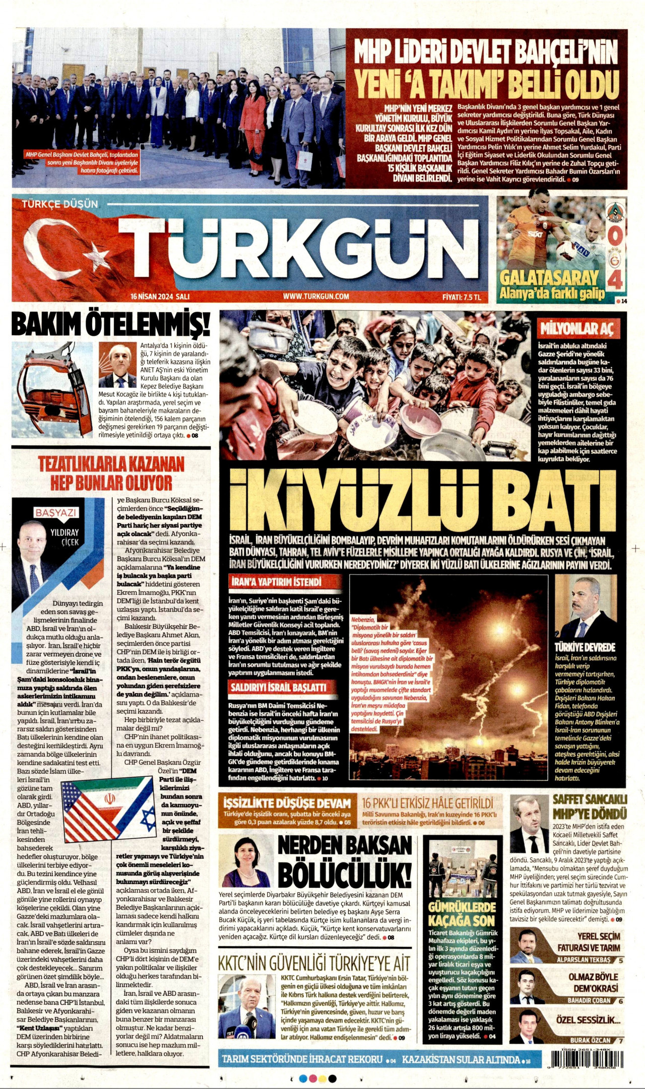 TÜRKGÜN gazetesinin 16 Nisan 2024 tarihli birinci sayfası