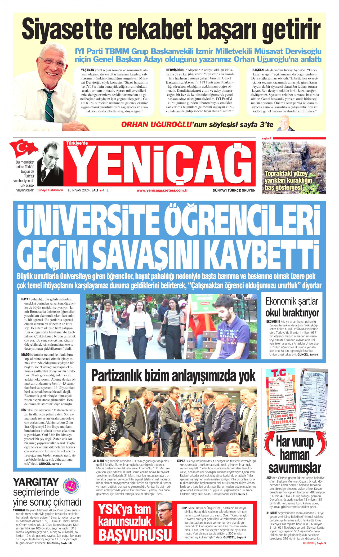 YENİÇAĞ gazetesinin 16 Nisan 2024 tarihli birinci sayfası