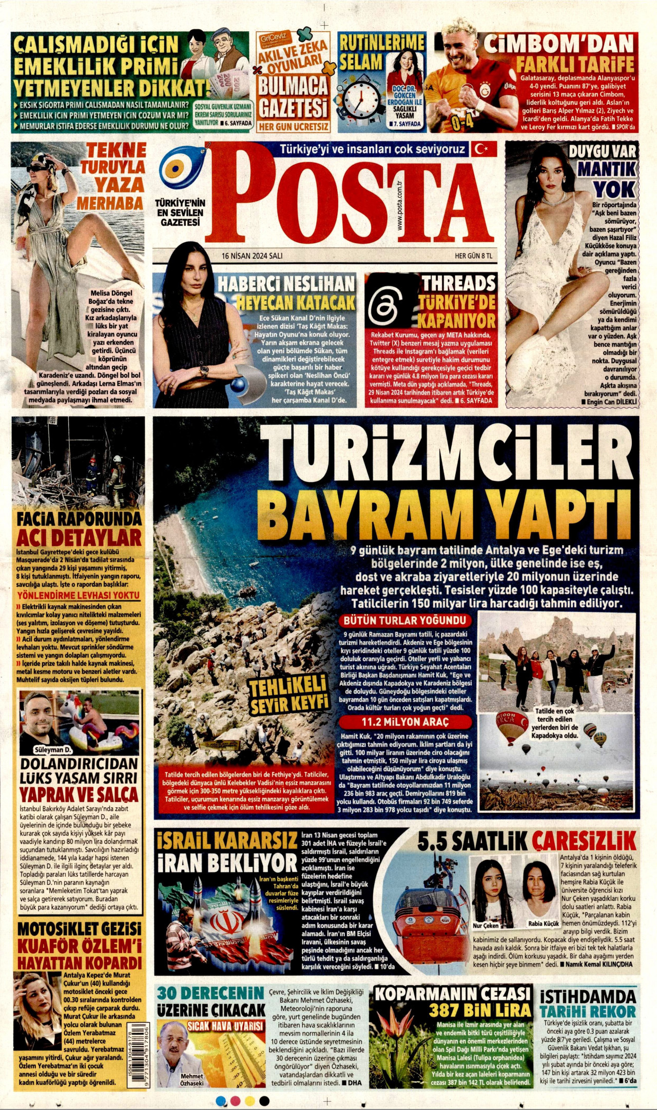 POSTA gazetesinin 16 Nisan 2024 tarihli birinci sayfası