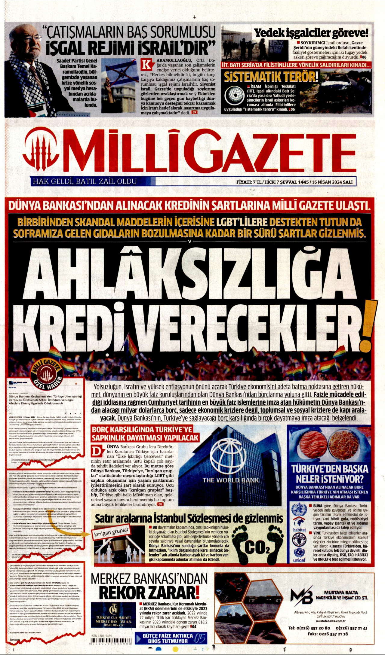 MİLLİ GAZETE gazetesinin 16 Nisan 2024 tarihli birinci sayfası
