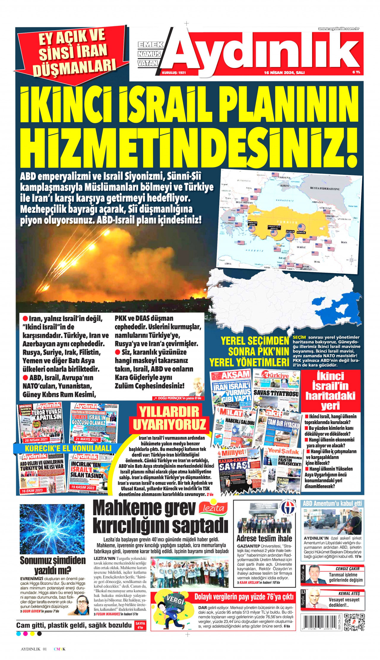 AYDINLIK GAZETESİ gazetesinin 16 Nisan 2024 tarihli birinci sayfası