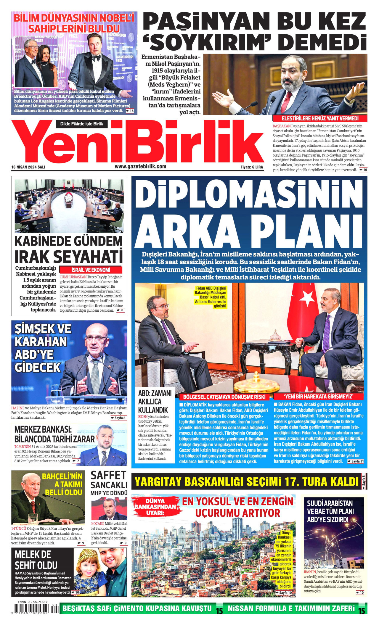 YENİBİRLİK gazetesinin 16 Nisan 2024 tarihli birinci sayfası