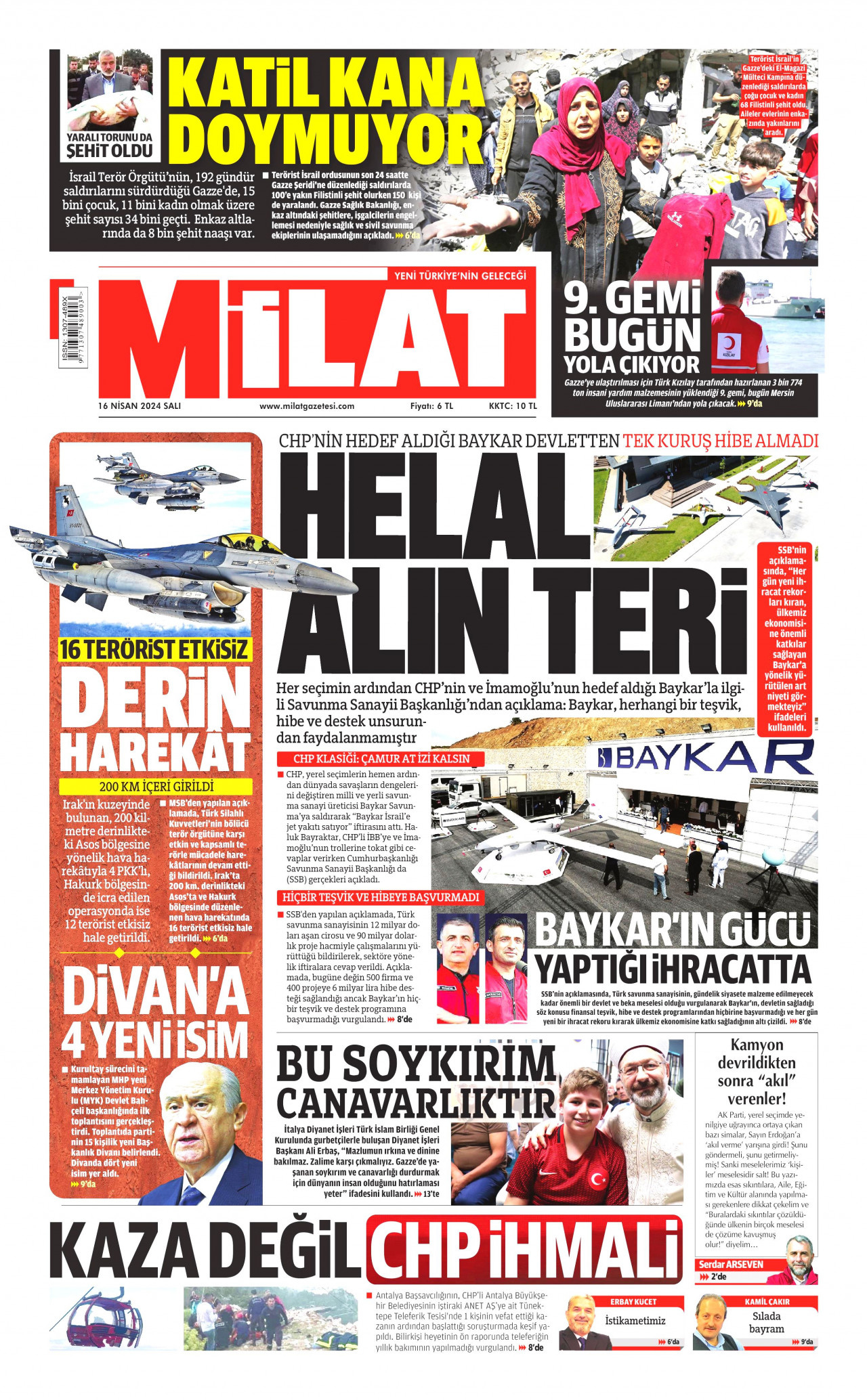 MİLAT gazetesinin 16 Nisan 2024 tarihli birinci sayfası