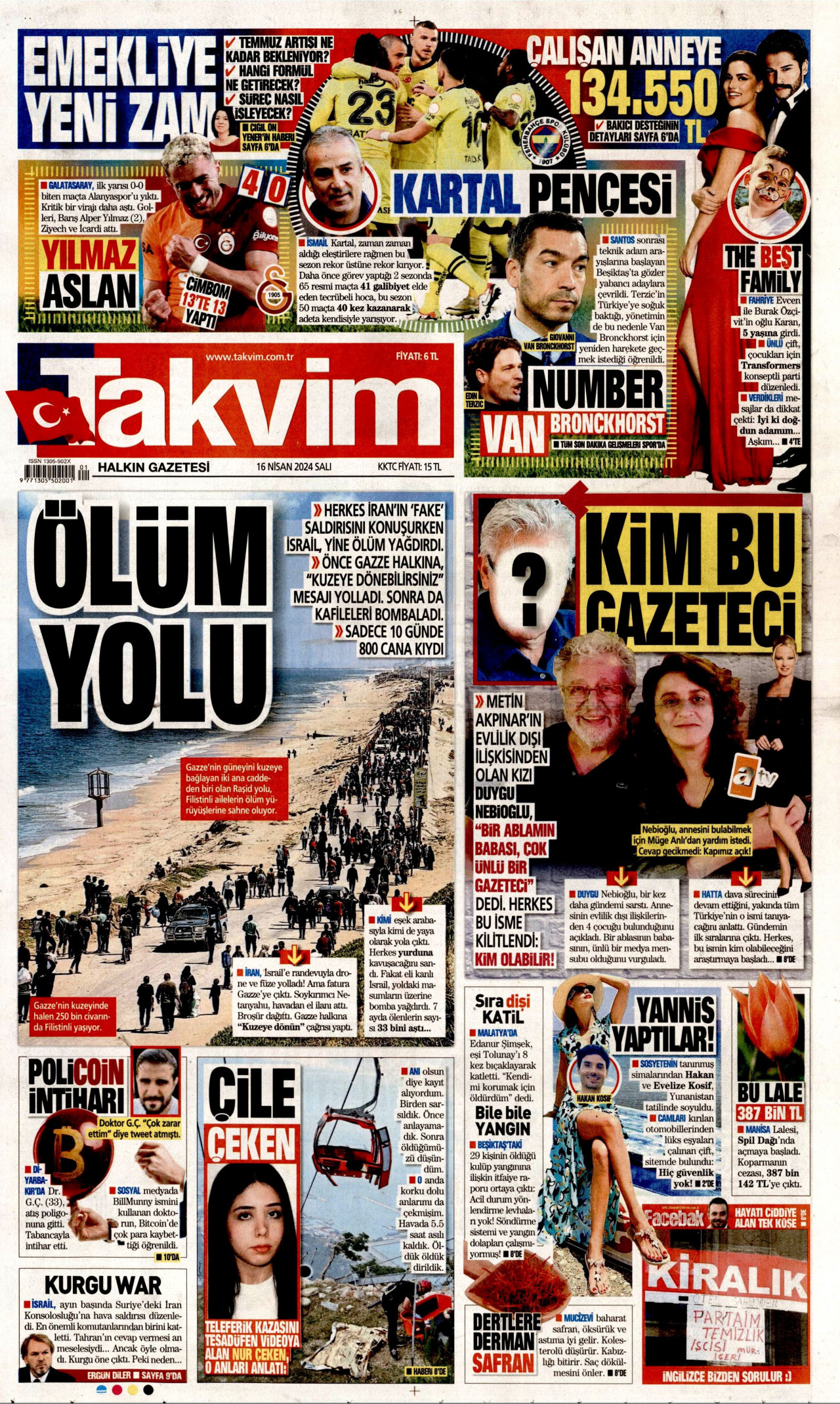 TAKVİM gazetesinin 16 Nisan 2024 tarihli birinci sayfası