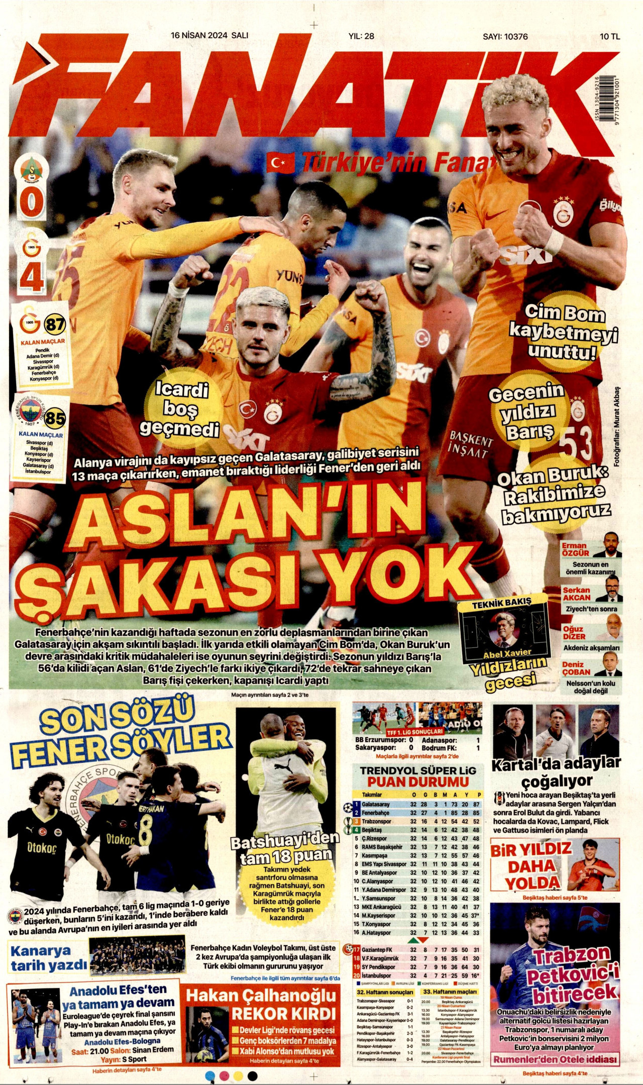 FANATİK gazetesinin 16 Nisan 2024 tarihli birinci sayfası
