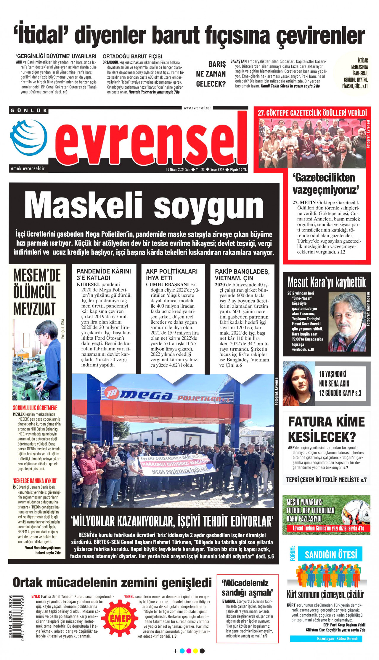 EVRENSEL gazetesinin 16 Nisan 2024 tarihli birinci sayfası