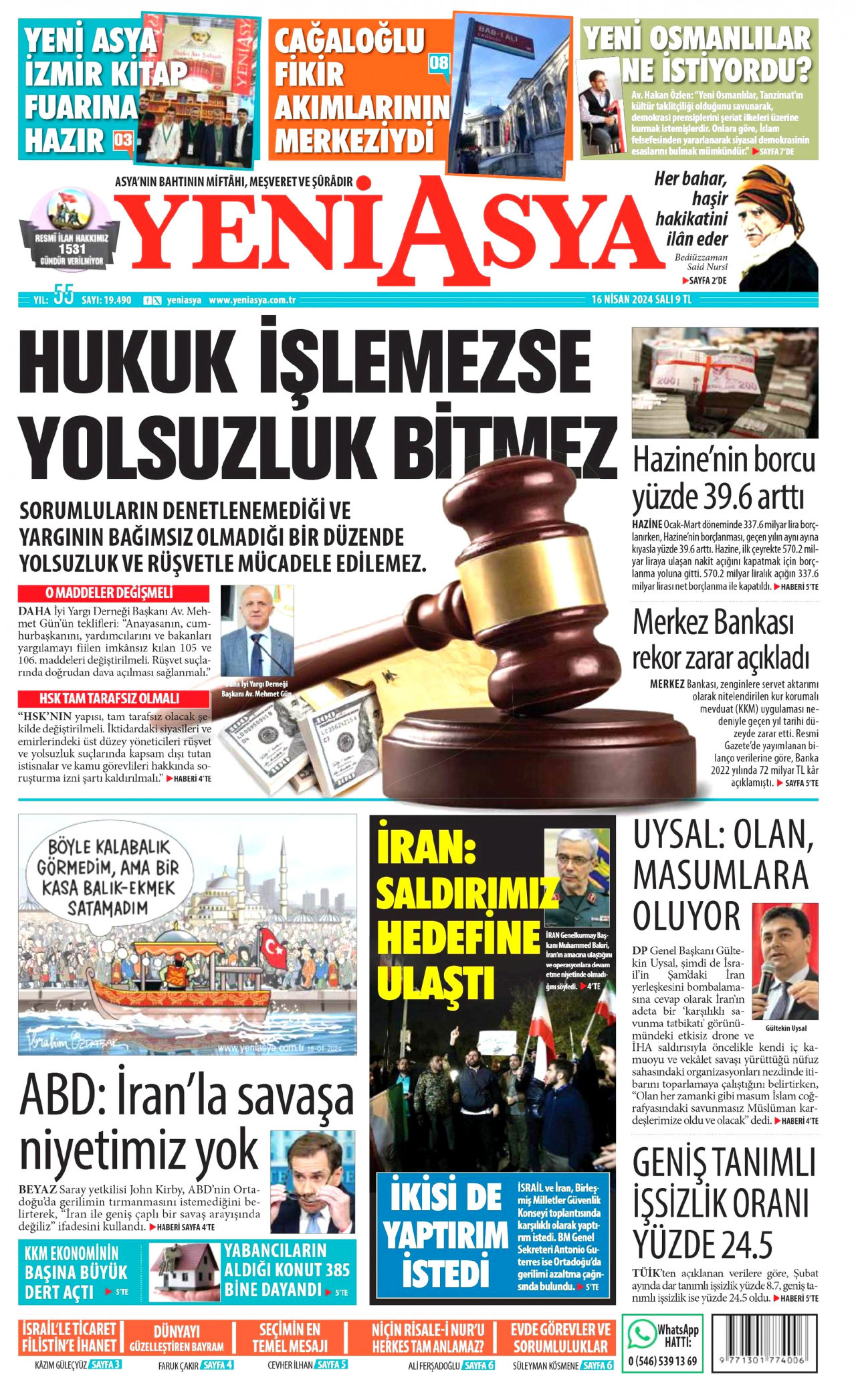 YENİ ASYA gazetesinin 16 Nisan 2024 tarihli birinci sayfası