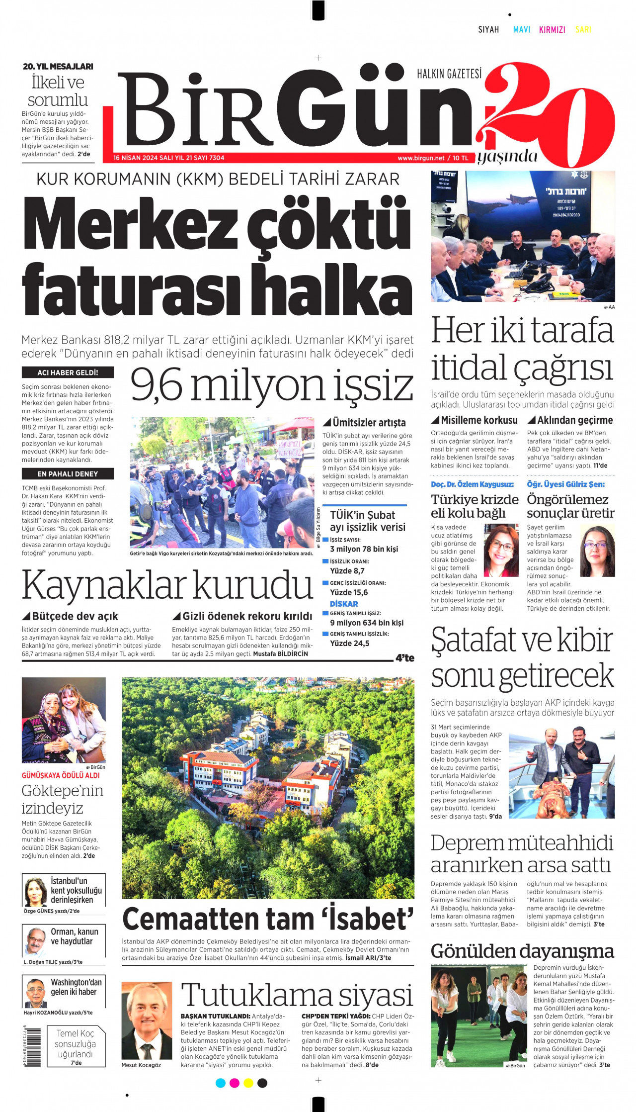 BİRGÜN gazetesinin 16 Nisan 2024 tarihli birinci sayfası