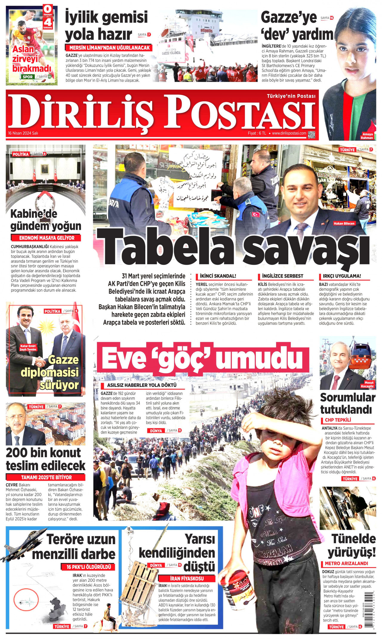 DİRİLİŞ POSTASI gazetesinin 16 Nisan 2024 tarihli birinci sayfası