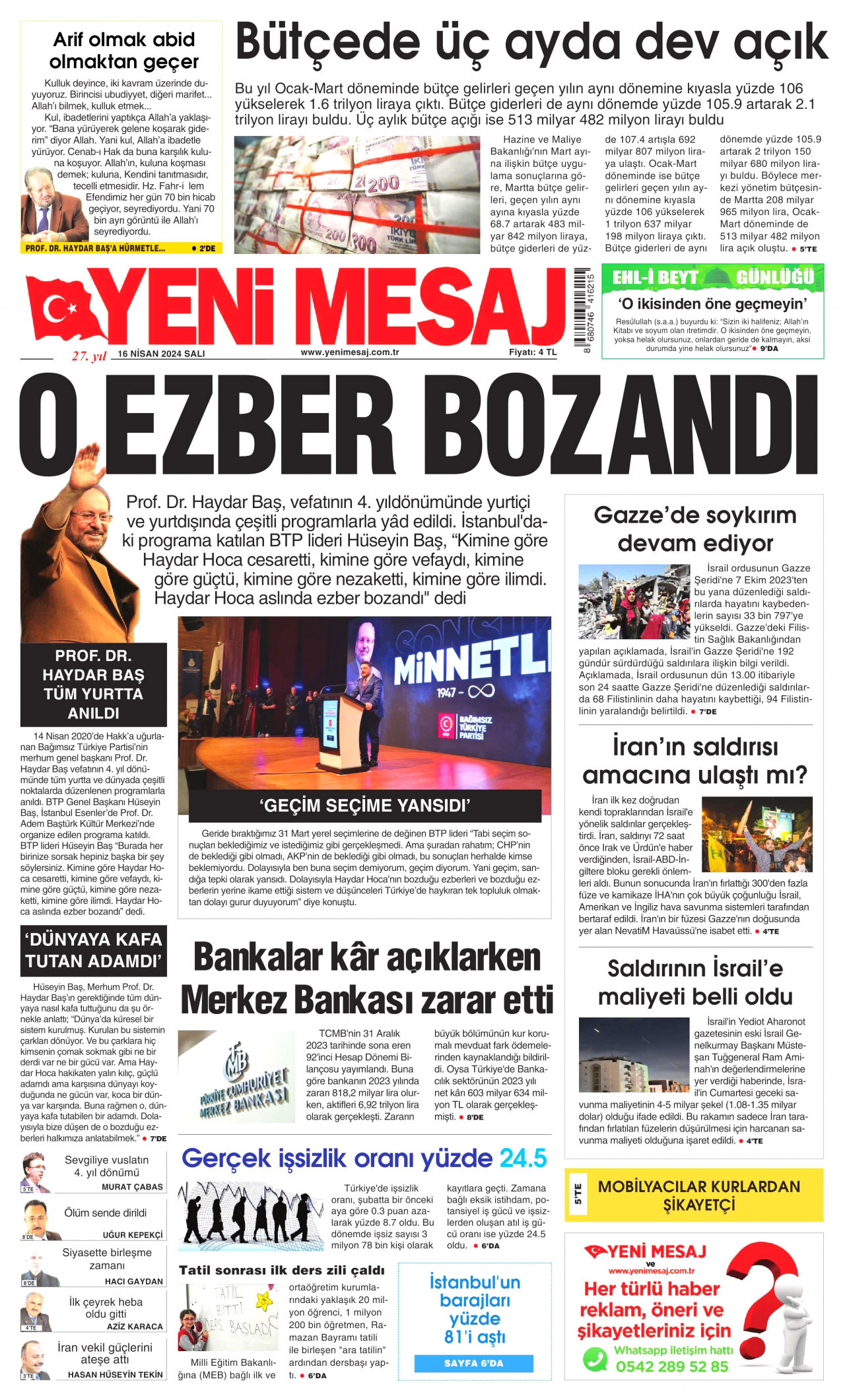YENİ MESAJ gazetesinin 16 Nisan 2024 tarihli birinci sayfası