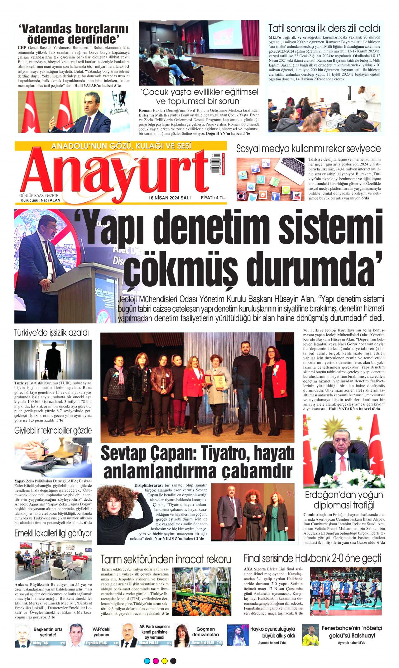 ANAYURT gazetesinin 16 Nisan 2024 tarihli birinci sayfası