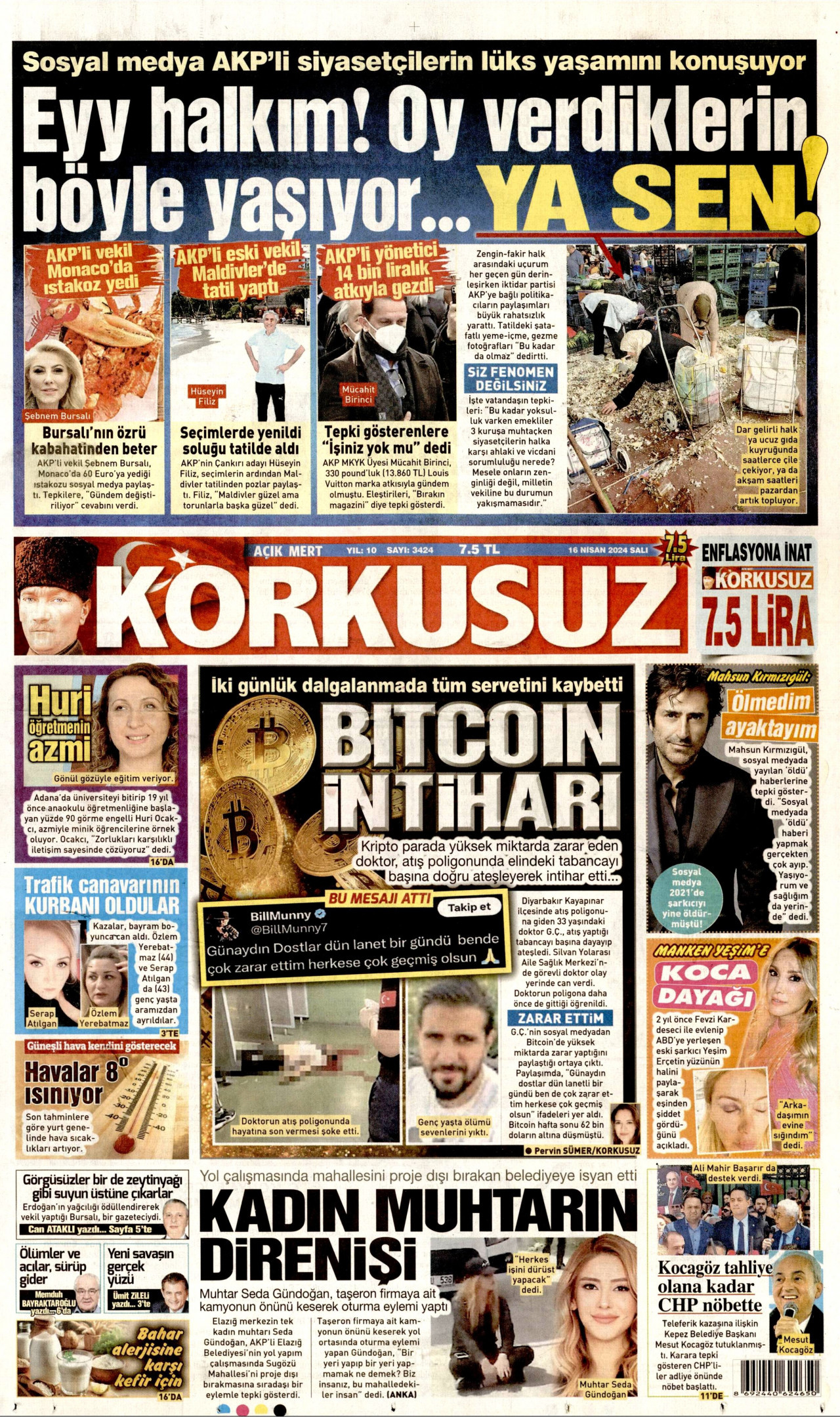 KORKUSUZ gazetesinin 16 Nisan 2024 tarihli birinci sayfası