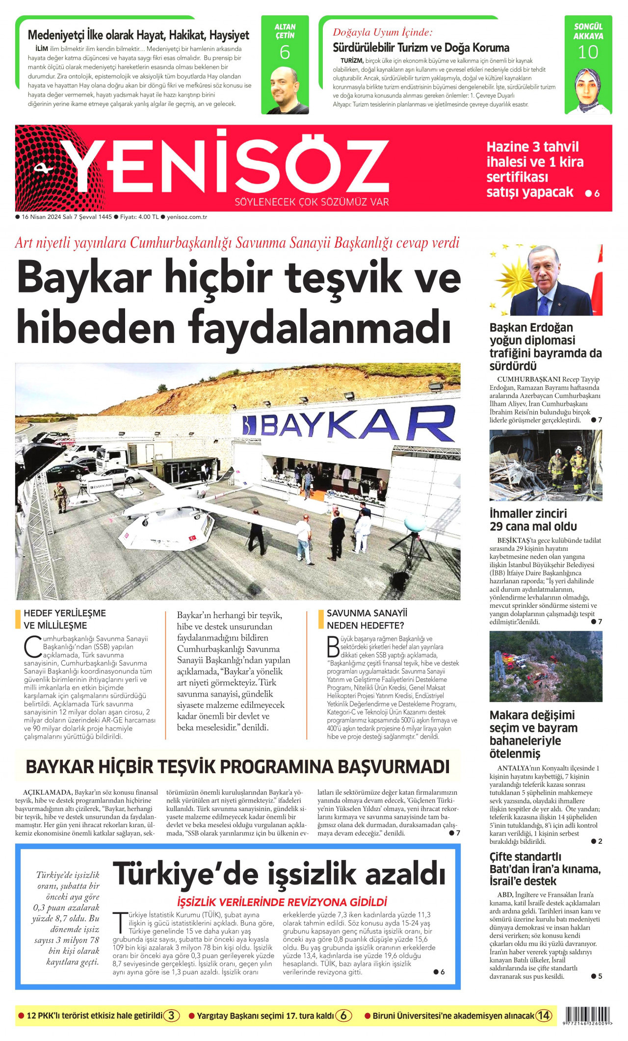 YENİ SÖZ GAZETESİ gazetesinin 16 Nisan 2024 tarihli birinci sayfası